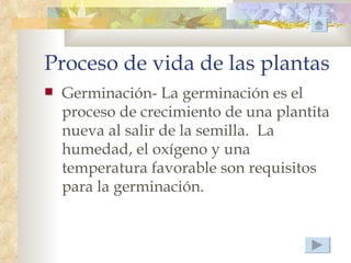 Proceso de vida de las plantas
   Germinación- La germinación es el
    proceso de crecimiento de una plantita
    nueva al salir de la semilla. La
    humedad, el oxígeno y una
    temperatura favorable son requisitos
    para la germinación.
 
