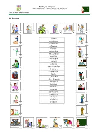 Español para extranjeros
UNIDAD DIDÁCTICA: LOS OFICIOS Y EL TRABAJO 13
Centro de Adultos Miguel Hernández
8.- Relaciona
1 2 3 4 5 6
7
8
9
10
11
12
13
14
15
16
17
18
19
20
21
22
23
24
25
26
Minero
gasolinero
presentador
enfermera
Modista
Campesina
dependiente
Dentista
Peluquera
Herrero
Jardinera
Director de cine
Cristalero
Secretaria
Sastre
Carnicero
Piloto de avión
Bailarina
Cocinera
Panadero
Locutora
Conductora
Camarera
Pintora
mecánico
profesora
 