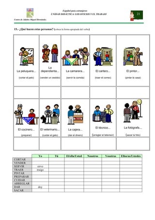 Español para extranjeros
UNIDAD DIDÁCTICA: LOS OFICIOS Y EL TRABAJO 21
Centro de Adultos Miguel Hernández
15.- ¿Qué hacen estas personas? (coloca la forma apropiada del verbo)
La peluquera...
(cortar el pelo)
La
dependienta...
(vender un vestido)
La camarera...
(servir la comida)
El cartero...
(traer el correo)
El pintor...
(pintar la casa)
El cocinero...
(preparar)
El veterinario...
(cuidar el gato)
La cajera...
(dar el dinero)
El técnico...
(arreglar el televisor)
La fotógrafa...
(sacar la foto)
Yo Tú El/ella/Usted Nosotros Vosotros Ellos/as/Ustedes
CORTAR
VENDER
SERVIR sirvo
TRAER traigo
PINTAR
PREPARAR
CUIDAR
ARREGLAR
DAR doy
SACAR
 