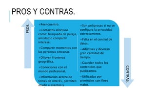 PROS Y CONTRAS.
+Reencuentro.
+Contactos afectivos
como: búsqueda de pareja,
amistad o compartir
interese.
+Compartir momentos con
las personas cercanas.
+Diluyen fronteras
geográfica.
+Conexiones con el
mundo profesional.
+Información acerca de
temas de interés, permiten
acudir a eventos y
+Son peligrosas si no se
configura la privacidad
correctamente.
+Falta en el control de
datos.
+Adictivas y devoran
gran cantidad de
tiempo.
+Guardan todos los
contenidos que
publicamos.
+Utilizadas por
criminales con fines
malos.
PROS.
CONTRAS.
 