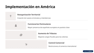 Implementación en América
Reorganización Territorial
Creación de nuevos virreinatos y intendencias
Funcionarios Peninsulares
Mayor presencia de españoles europeos en puestos clave
Aumento de Tributos
Mayores cargas fiscales para las colonias
Control Comercial
Restricciones al comercio intercolonial
 
