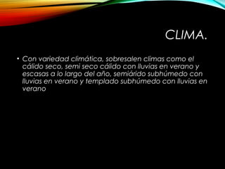 CLIMA.
• Con variedad climática, sobresalen climas como el
cálido seco, semi seco cálido con lluvias en verano y
escasas a lo largo del año, semiárido subhúmedo con
lluvias en verano y templado subhúmedo con lluvias en
verano
 