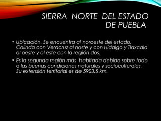 SIERRA NORTE DEL ESTADO
DE PUEBLA
• Ubicación. Se encuentra al noroeste del estado.
Colinda con Veracruz al norte y con Hidalgo y Tlaxcala
al oeste y al este con la región dos.
• Es la segunda región más habitada debido sobre todo
a las buenas condiciones naturales y socioculturales.
Su extensión territorial es de 5903.5 km.
 