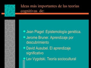 Ideas más importantes de las teorías cognitivas  de: Jean Piaget :Epistemología genética.  Jerome Bruner. Aprendizaje por  descubrimiento  David Ausubel. El aprendizaje significativo  Lev Vygotski. Teoría sociocultural  
