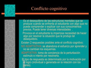 Conflicto cognitivo   Es el desequilibrio de las estructuras mentales que se produce cuando se enfrenta al estudiante con algo que no puede comprender o explicar con sus conocimientos previos. Puede tener diversas intensidades  . Provoca en el estudiante la imperiosa necesidad de hacer algo por resolver la situación que le produjo tal desequilibrio. Existen 2 respuestas posibles ante el conflicto cognitivo: NO ADAPTATIVA : se abandona el esfuerzo por aprender y no se cambian los esquemas. ADAPTATIVA:  toma de conciencia de la perturbación estímulo e intento por resolverla. El tipo de respuesta es determinado por la motivación por el logro (individual o generada en la relación con los pares). 