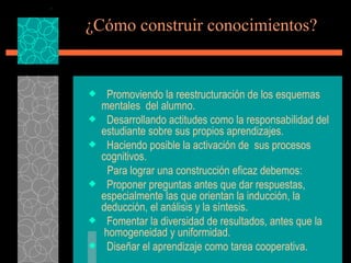 ¿Cómo construir conocimientos?  Promoviendo la reestructuración de los esquemas mentales  del alumno. Desarrollando actitudes como la responsabilidad del estudiante sobre sus propios aprendizajes. Haciendo posible la activación de  sus procesos cognitivos. Para lograr una construcción eficaz debemos: Proponer preguntas antes que dar respuestas, especialmente las que orientan la inducción, la deducción, el análisis y la síntesis. Fomentar la diversidad de resultados, antes que la  homogeneidad y uniformidad. Diseñar el aprendizaje como tarea cooperativa. 