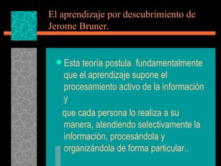 El aprendizaje por descubrimiento de Jerome Bruner. Esta teoría postula  fundamentalmente que el aprendizaje supone el procesamiento activo de la información y  que cada persona lo realiza a su manera, atendiendo selectivamente la información, procesándola y organizándola de forma particular.. 
