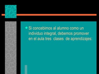Si concebimos al alumno como un individuo integral, debemos promover en el aula tres  clases  de aprendizajes: 