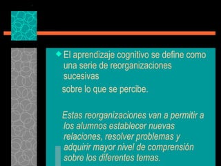 El aprendizaje cognitivo se define como una serie de reorganizaciones sucesivas sobre lo que se percibe. Estas reorganizaciones van a permitir a los alumnos establecer nuevas relaciones, resolver problemas y adquirir mayor nivel de comprensión sobre los diferentes temas. 