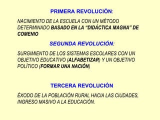 PRIMERA REVOLUCIÓN:
NACIMIENTO DE LA ESCUELA CON UN MÉTODO
DETERMINADO BASADO EN LA “DIDÁCTICA MAGNA” DE
COMENIO
SEGUNDA REVOLUCIÓN:
SURGIMIENTO DE LOS SISTEMAS ESCOLARES CON UN
OBJETIVO EDUCATIVO (ALFABETIZAR) Y UN OBJETIVO
POLÍTICO (FORMAR UNA NACIÓN)
TERCERA REVOLUCIÓN
ÉXODO DE LA POBLACIÓN RURAL HACIA LAS CIUDADES,
INGRESO MASIVO A LA EDUCACIÓN.
 