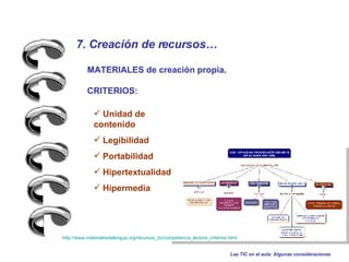 7. Creación de recursos…   MATERIALES de creación propia.  CRITERIOS: Unidad de contenido Legibilidad Portabilidad Hipertextualidad Hipermedia Las TIC en el aula: Algunas consideraciones http :// www.materialesdelengua.org / recursos_tic / competencia_lectora_criterios.html 