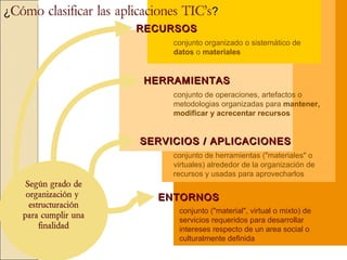 RECURSOS HERRAMIENTAS SERVICIOS / APLICACIONES ENTORNOS conjunto de herramientas ("materiales" o virtuales) alrededor de la organización de recursos y usadas para aprovecharlos conjunto ("material", virtual o mixto) de servicios requeridos para desarrollar intereses respecto de un area social o culturalmente definida conjunto organizado o sistemático de  datos  o  materiales conjunto de operaciones, artefactos o metodologias organizadas para  mantener, modificar y acrecentar recursos ¿ Cómo clasificar las aplicaciones TIC’s ? Según grado de organización y  estructuración para cumplir una finalidad 