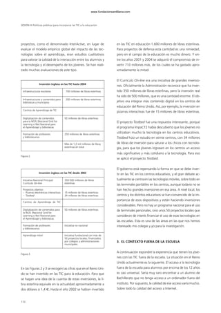 proyectos, como el denominado InterActive, en lugar de
evaluar el modelo empírico global del impacto de las tec-
nologías sobre el aprendizaje, eran estudios cualitativos
para valorar la calidad de la interacción entre los alumnos y
la tecnología y el desempeño de los jóvenes. Se han reali-
zado muchas evaluaciones de este tipo.
Figura 2.
Figura 3.
En las Figuras 2 y 3 se recogen las cifras que en el Reino Uni-
do se han invertido en las TIC para la educación. Para que
se hagan una idea de la cuantía de estas inversiones, la li-
bra esterlina equivale en la actualidad aproximadamente a
dos dólares o 1,4 €. Hasta el año 2002 se habían invertido
en las TIC en educación 1.600 millones de libras esterlinas.
Para proyectos de defensa esta cantidad es una nimiedad,
pero en el campo de la educación es mucho dinero. Y en-
tre los años 2001 y 2004 se adquirió el compromiso de in-
vertir 710 millones más, de los cuales se ha gastado apro-
ximadamente la mitad.
El Currículo On-line era una iniciativa de grandes inversio-
nes. Oficialmente la Administración reconoce que ha inver-
tido 350 millones de libras esterlinas, pero la inversión real
ha sido de 500 millones, que es una cantidad enorme. El ob-
jetivo era integrar más contenido digital en los centros de
educación del Reino Unido. Así, por ejemplo, la inversión en
pizarras interactivas fue de 15 millones de libras esterlinas.
El proyecto Testbed fue una respuesta interesante, porque
el programa ImpaCT2 había descubierto que los jóvenes no
utilizaban mucho la tecnología en los centros educativos.
Testbed hizo un estudio en veinte centros, con 34 millones
de libras de inversión para saturar a los chicos con tecnolo-
gía, para que los jóvenes lograsen en los centros un acceso
más significativo y más cotidiano a la tecnología. Para eso
se aplicó el proyecto Testbed.
El gobierno está repensando la forma en que se debe inver-
tir en las TIC en los centros educativos, y el gran debate ac-
tualmente se centra en las tecnologías móviles, sobre todo en
las terminales portátiles en los centros, aunque todavía no se
han hecho grandes inversiones en esa área. A nivel local, los
centros y los distritos educativos se han convencido de la im-
portancia de esos dispositivos y están haciendo inversiones
considerables. Pero no hay un programa nacional para el uso
de terminales personales, sino unos 50 proyectos locales que
consideran de interés financiar el uso de esas tecnologías en
las escuelas. Esta es una de las áreas en las que nos hemos
interesado mis colegas y yo para la investigación.
3. EL CONTEXTO FUERA DE LA ESCUELA
A continuación expondré la experiencia que tienen los jóve-
nes con las TIC fuera de la escuela. La situación en el Reino
Unido actualmente es la siguiente. El acceso a la tecnología
fuera de la escuela para alumnos por encima de los 12 años
es casi universal. Sería muy raro encontrar a un alumno de
Bachillerato que no tenga acceso a un ordenador fuera del
instituto. Por supuesto, la calidad de ese acceso varía mucho.
Sobre todo la calidad del acceso a Internet.
SESIÓN III Políticas públicas para incorporar las TIC a la educación
110
Inversión inglesa en las TIC hasta 2004
Infraestructuras escolares 700 millones de libras esterlinas
Infraestructuras y contenidos para
bibliotecas y municipios
200 millones de libras esterlinas
Centros de Aprendizaje de TIC
Digitalización de contenidos
para la NGfL (Nacional Grid for
Learning o Red Nacional para
el Aprendizaje) y bibliotecas
50 millones de libras esterlinas
Formación de profesores
y bibliotecarios
250 millones de libras esterlinas
Más de 1,2 mil millones de libras
esterlinas en total
Inversión inglesa en las TIC desde 2002
Iniciativa Nacional Principal:
Currículo On-line
350-500 millones de libras
esterlinas
Proyectos objetivo
– Pizarras electrónicas interactivas
– Testbed
15 millones de libras esterlinas
34 millones de libras esterlinas
Centros de Aprendizaje de TIC
Digitalización de contenidos para
la NGfL (Nacional Grid for
Learning o Red Nacional para
el Aprendizaje) y bibliotecas
50 millones de libras esterlinas
Formación de profesores
y bibliotecarios
Iniciativa no nacional
Aprendizaje móvil Iniciativa fundacional con más de
50 proyectos locales, financiados
por colegios y administraciones
municipales
102958_XXII_SEM_MONOGRAFICA.qxd 26/1/08 02:03 Página 110
www.fundacionsantillana.com
 