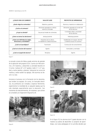 La escuela Luciana de Abreu puede servirnos de ejemplo
de la aplicación del proyecto UCA. Cuenta con 450 alum-
nos y 35 maestros, y desarrolla su actividad docente en
3 turnos: mañana (6.º a 8.º grados), tarde (1.º a 5.º gra-
dos) y noche (adultos y jóvenes). Solamente los turnos de
mañana y tarde reciben los laptops. 350 alumnos los lle-
van a su casa.
Iniciamos el proceso con la formación de los docentes,
que reciben sus equipos. Sin cursos, sin manuales directi-
vos, los profesores son invitados a explorar libremente,
experimentar la movilidad de un pequeño laptop que ha
sido diseñado especialmente para la educación. Son
momentos de descubrimientos, de sorpresas, que activan
la curiosidad y la imaginación (Figuras 8 y 9).
Figura 8.
Figura 9.
Figura 10.
En la Figura 10, los alumnos de 4.º grado discuten con la
maestra sus planes de desarrollar un proyecto de apren-
dizaje, una nueva pedagogía en la cual ellos deciden por
SESIÓN IV Aprendizaje con las TIC
142
¿CUÁLES SON LOS CAMBIOS? SALA DE CLASE PROYECTOS DE APRENDIZAJE
¿Quién elige los contenidos? Maestros y gestores Alumnos y maestros en colaboración
¿Cuál es el contexto?
Decisiones apoyadas en criterios
externos y formales
Decisiones apoyadas en la vida real
de los alumnos
¿A qué se atiende? Secuencias lineales de contenidos
Curiosidad, deseo y necesidad
de los alumnos
¿Cómo se toman las decisiones? Jerárquicamente Heterárquicamente
¿Cómo son definidas las reglas,
direcciones y actividades?
Impuestas por la cultura,
en obediencia a determinaciones
Establecidas en el grupo: alumnos
y maestros buscan el consenso
¿Cuál es el paradigma? Transmisión Construcción de conocimientos
¿Cuál es la función del maestro? Agente Estimulador y orientador
¿Cuál es el papel del alumno? Receptivo Agente
Figura 7.
102958_XXII_SEM_MONOGRAFICA.qxd 26/1/08 02:03 Página 142
www.fundacionsantillana.com
 