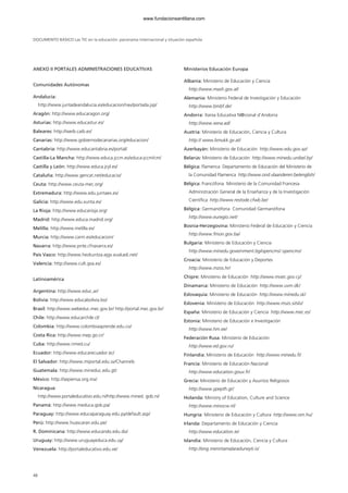 DOCUMENTO BÁSICO Las TIC en la educación: panorama internacional y situación española
ANEXO II PORTALES ADMINISTRACIONES EDUCATIVAS
Comunidades Autónomas
Andalucía:
http://www.juntadeandalucia.es/educacion/nav/portada.jsp/
Aragón: http://www.educaragon.org/
Asturias: http://www.educastur.es/
Baleares: http://weib.caib.es/
Canarias: http://www.gobiernodecanarias.org/educacion/
Cantabria: http://www.educantabria.es/portal/
Castilla-La Mancha: http://www.educa.jccm.es/educa-jccm/cm/
Castilla y León: http://www.educa.jcyl.es/
Cataluña: http://www.gencat.net/educacio/
Ceuta: http://www.ceuta-mec.org/
Extremadura: http://www.edu.juntaex.es/
Galicia: http://www.edu.xunta.es/
La Rioja: http://www.educarioja.org/
Madrid: http://www.educa.madrid.org/
Melilla: http://www.melilla.es/
Murcia: http://www.carm.es/educacion/
Navarra: http://www.pnte.cfnavarra.es/
País Vasco: http://www.hezkuntza.ejgv.euskadi.net/
Valencia: http://www.cult.gva.es/
Latinoamérica
Argentina: http://www.educ.ar/
Bolivia: http://www.educabolivia.bo/
Brasil: http://www.webeduc.mec.gov.br/ http://portal.mec.gov.br/
Chile: http://www.educarchile.cl/
Colombia: http://www.colombiaaprende.edu.co/
Costa Rica: http://www.mep.go.cr/
Cuba: http://www.rimed.cu/
Ecuador: http://www.educarecuador.ec/
El Salvador: http://www.miportal.edu.sv/Channels
Guatemala: http://www.mineduc.edu.gt/
México: http://sepiensa.org.mx/
Nicaragua:
http://www.portaleducativo.edu.ni/http://www.mined. gob.ni/
Panamá: http://www.meduca.gob.pa/
Paraguay: http://www.educaparaguay.edu.py/default.asp/
Perú: http://www.huascaran.edu.pe/
R. Dominicana: http://www.educando.edu.do/
Uruguay: http://www.uruguayeduca.edu.uy/
Venezuela: http://portaleducativo.edu.ve/
Ministerios Educación Europa
Albania: Ministerio de Educación y Ciencia
http://www.mash.gov.al/
Alemania: Ministerio Federal de Investigación y Educación
http://www.bmbf.de/
Andorra: Xarxa Educativa N@cional d’Andorra
http://www.xena.ad/
Austria: Ministerio de Educación, Ciencia y Cultura
http:// www.bmukk.gv.at/
Azerbayán: Ministerio de Educación http://www.edu.gov.az/
Belarús: Ministerio de Educación http://www.minedu.unibel.by/
Bélgica: Flamenca Departamento de Educación del Ministerio de
la Comunidad Flamenca http://www.ond.vlaanderen.be/english/
Bélgica: Francófona Ministerio de la Comunidad Francesa
Administración General de la Enseñanza y de la Investigación
Científica http://www.restode.cfwb.be/
Bélgica: Germanófona Comunidad Germanófona
http://www.euregio.net/
Bosnia-Herzegovina: Ministerio Federal de Educación y Ciencia
http://www.fmon.gov.ba/
Bulgaria: Ministerio de Educación y Ciencia
http://www.minedu.government.bg/opencms/ opencms/
Croacia: Ministerio de Educación y Deportes
http://www.mzos.hr/
Chipre: Ministerio de Educación http://www.moec.gov.cy/
Dinamarca: Ministerio de Educación http://www.uvm.dk/
Eslovaquia: Ministerio de Educación http://www.minedu.sk/
Eslovenia: Ministerio de Educación http://www.mszs.si/slo/
España: Ministerio de Educación y Ciencia http://www.mec.es/
Estonia: Ministerio de Educación e Investigación
http://www.hm.ee/
Federación Rusa: Ministerio de Educación
http://www.ed.gov.ru/
Finlandia: Ministerio de Educación http://www.minedu.fi/
Francia: Ministerio de Educación Nacional
http://www.education.gouv.fr/
Grecia: Ministerio de Educación y Asuntos Religiosos
http://www.ypepth.gr/
Holanda: Ministry of Education, Culture and Science
http://www.minocw.nl/
Hungría: Ministerio de Educación y Cultura http://www.om.hu/
Irlanda: Departamento de Educación y Ciencia
http://www.education.ie/
Islandia: Ministerio de Educación, Ciencia y Cultura
http://eng.menntamalaraduneyti.is/
48
102958_XXII_SEM_MONOGRAFICA.qxd 26/1/08 02:03 Página 48
www.fundacionsantillana.com
 