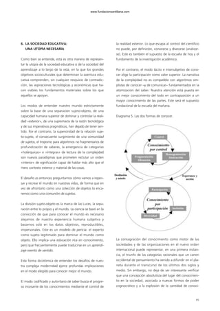 6. LA SOCIEDAD EDUCATIVA:
UNA UTOPÍA NECESARIA
Como bien se entiende, esta es otra manera de represen-
tar la utopía de la sociedad educativa o de la sociedad del
aprendizaje a lo largo de la vida, en la que los grandes
objetivos socioculturales que determinan la aventura edu-
cativa comprenden, sin cualquier resquicio de contradic-
ción, las aspiraciones tecnológicas y económicas que ha-
cen viables los fundamentos materiales sobre los que
aquellos se apoyan.
Los modos de entender nuestro mundo estrictamente
sobre la base de una separación sujeto-objeto, de una
capacidad humana superior de dominar y controlar la reali-
dad «exterior», de una supremacía de la razón tecnológica
y de sus imperativos pragmáticos, han dejado de tener sen-
tido. Por el contrario, la superioridad de la relación suje-
to-sujeto, el consecuente surgimiento de una comunidad
de sujetos, el tropismo para algoritmos no fragmentarios de
profundización de saberes, la emergencia de categorías
«holárquicas» e «íntegras» de lectura de la complejidad
son nuevos paradigmas que prometen reclutar un orden
«interior» de significación capaz de hablar más alto que el
mero contexto exterior y material de las cosas.
El desafío es entonces preguntarnos cómo vamos a repen-
sar y recrear el mundo en nuestras vidas, de forma que en
vez de afrontarlo como una colección de objetos lo enca-
remos como una comunión de sujetos.
La división sujeto-objeto es la marca de las Luces, la sepa-
ración entre lo propio y el mundo. La ciencia se basó en la
convicción de que para conocer el mundo es necesario
alejarnos de nuestra experiencia humana subjetiva y
basarnos solo en los datos objetivos, reproductibles,
impersonales. Este es un modelo de pericia: el experto
como sujeto legitimado para dominar el mundo como
objeto. Ello implica una educación rica en conocimiento,
pero que frecuentemente puede traducirse en un aprendi-
zaje exento de sentido.
Esta forma dicotómica de entender los desafíos de nues-
tra compleja modernidad ejerce profundas implicaciones
en el modo elegido para conocer mejor el mundo.
El modo codificado y autoritario de saber busca el progre-
so incesante de los conocimientos mediante el control de
la realidad exterior. Lo que escapa al control del científico
no puede, por definición, conocerse y disecarse (analizar-
se). Este es también el supuesto de la escuela de hoy y el
fundamento de la investigación académica.
Por el contrario, el modo tácito e intersubjetivo de cono-
cer elige la participación como valor superior. La narrativa
de la complejidad no es compatible con algoritmos sim-
plistas de conocer –y de comunicar– fundamentados en la
atomización del saber. Nuestra atención está puesta en
un mejor conocimiento del todo en contraposición a un
mayor conocimiento de las partes. Este será el supuesto
fundacional de la escuela del mañana.
Diagrama 5. Las dos formas de conocer.
La consagración del conocimiento como motor de las
sociedades y de las organizaciones en el nuevo orden
internacional puede representar, en una primera instan-
cia, el triunfo de las categorías racionales que un canon
occidental de pensamiento ha venido a difundir en el pla-
neta durante el transcurso de los últimos dos siglos y
medio. Sin embargo, no deja de ser interesante verificar
que una concepción absolutista del lugar del conocimien-
to en la sociedad, asociada a nuevas formas de poder
cognocrático y a la explosión de la cantidad de conoci-
85
102958_XXII_SEM_MONOGRAFICA.qxd 26/1/08 02:03 Página 85
www.fundacionsantillana.com
 