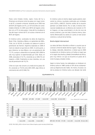 Países como Estados Unidos, Japón, Corea del Sur y
Dinamarca se enmarcan entre los países con mayor núme-
ro de PC y conexión a Internet, teniendo ya en 2003 más
del 60% de hogares con PC y un 55% de ellos con conec-
tividad a Internet. En 2005 casi el 80% de hogares conta-
ban con un PC en estos países. Corea del Sur encabeza la
lista del mayor número de PC con acceso a Internet con el
86% de hogares.
En América Latina –analizados los datos de Argentina,
Brasil, Chile, Colombia y México, en septiembre de 2006–,
Chile, con un 42,8%, se situaba a la cabeza en cuanto a
penetración de Internet. Argentina duplicaba en 2006 el
nivel con relación al que tenía en 2004. A continuación, a
gran distancia, se sitúa México, con una penetración del
17,7%, aunque su desarrollo en el periodo 2001-2006 ha
sido muy superior al experimentado por Chile. Brasil, en
2006, alcanzaba el 14,1%, creciendo así un 206,5% con
respecto a 2004. Finalmente se sitúa Colombia, con una
tasa de penetración del 10,2%.
Chile es el país más cercano a la media de los países UE-
25, creciendo un 77,6% entre 2001-2005, algo inferior al
crecimiento de la UE-25 (86,3%).
En América Latina la brecha digital queda patente anali-
zando los últimos resultados publicados por entidades
como OCDE y UNESCO. Distintos análisis de la situación
plantean una doble brecha. Por un lado, la brecha inter-
nacional establecida por al diferencia de inversión en PC
en hogares y la baja conectividad o el año de inicio de
acceso a Internet, y por otro lado, la brecha interna, clara-
mente diferenciados los valores en cuanto al nivel socioe-
conómico y cultural de las familias.
Brecha digital internacional
Los datos del Banco Mundial se refieren a usuarios que se
conectan a Internet desde distintos lugares –hogar, escue-
la, trabajo, cibercafés, telecentros– e indican que en 2004
la proporción en América Latina y el Caribe es mayor que
en la región Asia Pacífico y Medio Oriente/Norte de África,
pero muy inferior a la que se encuentra en países de la
Unión Europea y Estados Unidos.
Según la misma fuente, los ordenadores se introducen en
América Latina en 1988 cuando el 18% de los norteameri-
canos ya disponía de este medio. Así mismo, el acceso a la
red se produce en América Latina una década más tarde
DOCUMENTO BÁSICO Las TIC en la educación: panorama internacional y situación española
14
(OCDE. PISA 2000 y 2003 e Informe France Telecom España a partir de Internet World Stats)
EQUIPAMIENTO TIC
100
90
80
70
60
50
40
30
20
10
0
100
80
60
40
20
0
60
50
40
30
20
10
0
EU25 Chile México Brasil Argentina Colombia Uruguay
EU25 EEUU Japón Corea del Sur
EU
25
Bélgica
Rep. Checa
D
inam
arca
A
lem
ania
Estonia
España
Francia
Irlanda
PC 2003 PC 2004 PC 2005 Internet 2003 Internet 2004 Internet 2005 FUENTE: Informe i2010. Comisión Europea
Italia
Chipre
Letonia
Lituania
Luxem
burgo
H
ungría
H
olanda
Portugal
Eslovenia
Eslovaquia
Finlandia
Reino
U
nido
Islandia
N
oruega
Internet 2003 Internet 2004 Internet 2005 PC 2003 PC 2004 PC 2005 Internet 2003 Internet 2004 Internet 2005
102958_XXII_SEM_MONOGRAFICA.qxd 26/1/08 02:03 Página 14
www.fundacionsantillana.com
 