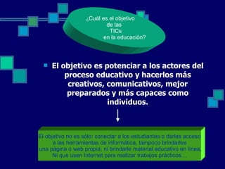 El objetivo es potenciar a los actores del proceso educativo y hacerlos más creativos, comunicativos, mejor preparados y más capaces como individuos. ¿ Cuál es el objetivo  de las  TICs en la educación? El objetivo no es sólo: conectar a los estudiantes o darles acceso  a las herramientas de informática, tampoco brindarles una página o web propia, ni brindarle material educativo en línea, Ni que usen Internet para realizar trabajos prácticos… 