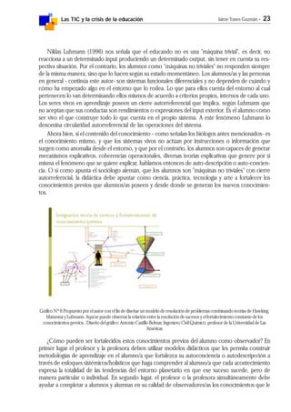 Las TIC y la crisis de la educación Jaime Yanes Guzmán - 23
Niklas Luhmann (1996) nos señala que el educando no es una "máquina trivial", es decir, no
reacciona a un determinado input produciendo un determinado output, sin tener en cuenta su res-
pectiva situación. Por el contrario, los alumnos como "máquinas no triviales" no responden siempre
de la misma manera, sino que lo hacen según su estado momentáneo. Los alumnos/as y las personas
en general - continúa este autor- son sistemas funcionales diferenciales y no dependen de cuándo y
cómo ha empezado algo en el entorno que lo rodea. Lo que para ellos cuenta del entorno al cual
pertenecen lo van determinando ellos mismos de acuerdo a criterios propios, internos de cada uno.
Los seres vivos en aprendizaje poseen un cierre autorreferencial que implica, según Luhmann que
no aceptan que sus conductas son rendimientos o expresiones del input exterior. Es el alumno como
ser vivo el que construye todo lo que cuenta en el propio sistema. A este fenómeno Luhmann lo
denomina circularidad autorreferencial de las operaciones del sistema.
Ahora bien, si el contenido del conocimiento - como señalan los biólogos antes mencionados- es
el conocimiento mismo, y que los sistemas vivos no actúan por instrucciones o información que
surgen como anomalía desde el entorno, y que por el contrario, los alumnos son capaces de generar
mecanismos explicativos, coherencias operacionales, diversas teorías explicativas que genere por sí
misma el fenómeno que se quiere explicar, hablamos entonces de auto-descripción o auto-concien-
cia. O si como apunta el sociólogo alemán, que los alumnos son "máquinas no triviales" con cierre
autorreferncial, la didáctica debe apuntar como ciencia, práctica, tecnología y arte a fortalecer los
conocimientos previos que alumnos/as poseen y desde donde se generan los nuevos conocimien-
tos.
Gráfico Nº 6 Propuesto por el autor con el fin de diseñar un modelo de resolución de problemas combinando teorías de Hawking,
Maturana y Luhmann. Aquí se puede observar la relación entre la resolución de sucesos y el fortalecimiento constante de los
conocimientos previos.. Diseño del gráfico: Antonio Castillo Belmar, Ingeniero Civil Químico, profesor de la Universidad de Las
Américas
¿Cómo pueden ser fortalecidos estos conocimientos previos del alumno como observador? En
primer lugar el profesor y la profesora deben utilizar modelos didácticos que les permita construir
metodologías de aprendizaje en el alumno/a que fortalezca su autoconciencia o autodescripcción a
través de enfoques sistémicos/holísticos que haga comprender al alumno/a que cada acontecimiento
expresa la totalidad de las tendencias del entorno planetario en que ese suceso sucede, pero de
manera particular o individual. En segundo lugar, el profesor o la profesora simultáneamente debe
ayudar a completar a alumnos y alumnas en su calidad de observadores/as los conocimientos que le
 