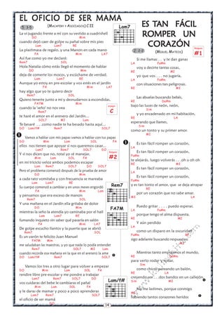 14
w
w
w
.kalinchita.com

ES TES TES TES TES TAN FÁCILAN FÁCILAN FÁCILAN FÁCILAN FÁCIL
ROMPER UNROMPER UNROMPER UNROMPER UNROMPER UN
CORAZÓNCORAZÓNCORAZÓNCORAZÓNCORAZÓN
(MIGUEL MATEOS)
Si me llamas . . y te dan ganas
LA Fa#m
voy a decirte tantas cosas,
RE MI
yo que vos . . . no jugaría,
LA Fa#m
con situaciones tan peligrosas.
RE MI
Las abuelas buscando bebés,
RE Do#m
bajo las luces de neón, neón,
Sim
y yo encadenado en mi habitación,
RE LA
esperando que llames,
Sim
como un tonto y su primer amor.
MI
Es tan fácil romper un corazón,
LA
Es tan fácil romper un corazón,
Fa#m
te alejarás, luego volverás . . .oh u oh oh
RE MI
Es tan fácil romper un corazón,
LA
Es tan fácil romper un corazón,
Fa#m
y es tan tonto el amor, que se deja atrapar
RE
por un corazón que no sabe amar.
MI LA
Puedo gritar . . . . puedo esperar,
LA Fa#m
porque tengo el alma dispuesta.
RE MI
Y aún perdido
LA
como un disparo en la oscuridad
Fa#m RE
sigo adelante buscando respuestas,
MI
Mientras tanto empujamos el mundo,
RE Do#m
para verlo rodar y rodar,
Sim
como chicos pateando un balón,
RE LA
creyendo ser . . .dos bandos en un callejón.
Sim MI
No me lastimes, porque conmigo
MI
habiendo tantos corazones heridos


2 2-2
EL OFICIO DE SER MAMAEL OFICIO DE SER MAMAEL OFICIO DE SER MAMAEL OFICIO DE SER MAMAEL OFICIO DE SER MAMA
(MACAFERY Y ASOCIADOS) C II
La vi jugando frente a mí con su vestido a cuadrishell
DO Mim
cuando dejó caer de golpe su pañal sobre mis pies
Lam Lam7 RE
La plastimasa de regalo, y una Manon en cada mano
FA Mim LA7
Así fue como yo me declaré:
Rem7 SOL
Hola Natalia cómo estás llegó el momento de hablar
DO Mim
deja de comerte los mocos, y escúchame de verdad.
Lam Lam7 RE
Aunque yo estoy en pre-escolar y vos estés en el jardín
FA Mim LA7
hay algo que yo te quiero decir
Rem7 SOL
Quiero tenerte junto a mí y desnudarnos a escondidas,
FA7M Mim
cuando la 'seño' no nos vea
Rem7
te haré el amor en el arenero del Jardín...
SOL7 MI Lam
Te besaré . . .como nadie te ha besado hasta aquí...
DO Lam/f# Rem7 SOL7
Vamos a hablar con mis papas vamos a hablar con tus papas
DO Mim Lam SOL FA
ellos nos tienen que apoyar si nos queremos casar...
Lam7 Rem7 SOL7 DO
Y si nos dicen que no, total yo sé manejar,
Mim Lam SOL FA
en mi triciclo veloz ambos podemos escapar
Lam Rem7 SOL7 DO SOL7
Pero el problema comenzó después de la prueba de amor
DO Mim
a cada rato vomitaba y con frecuencia se mareaba
Lam Lam7 RE
Su cuerpo comenzó a cambiar y en unos meses engordó
FA Mim Lam
y pensamos que era exceso de manon
Rem7 SOL
Y una mañana en el Jardín ella gritaba de dolor
DO Mim
mientras la seño la atendía yo caminaba por el hall
Lam Lam7 RE
fumando inquieto sin saber qué pasaría en salón
FA Mim LA7
De golpe escucho llantos y la puerta que se abrió
Rem7 SOL
Es un varón te felicito Juan Manuel
FA7M Mim
me saludaban las maestras, y yo que nada lo podía entender
Rem7 SOL7 MI Lam
cuando recorde esa mañana en la que en el arenero la ame
DO Lam/f# Rem7 SOL7
Vamos los tres a otro lugar para volver a empezar
DO Mim Lam SOL FA
rendire libre pre-escolar y me pondre a trabajar
Lam7 Rem7 SOL7 DO
vos cuidaras del bebe le cambiaras el pañal
Mim Lam SOL FA
y le daras de mamar y poco a poco aprenderas
Lam7 Rem7 SOL7
el oficio de ser mamá
DO


Lam/f#
Lam75 3-5
Rasgueo
#2
Rasgueo
#1
arpegio
C
FA7M
Rem7
 