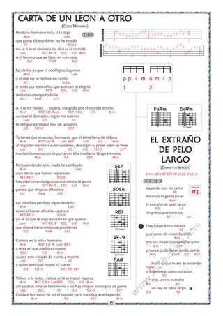 15
w
w
w
.kalinchita.com
EL EXEL EXEL EXEL EXEL EXTRAÑOTRAÑOTRAÑOTRAÑOTRAÑO
DE PELODE PELODE PELODE PELODE PELO
LLLLLARGOARGOARGOARGOARGO
(ENANITOS VERDES)
Intro: RE4 RE RE4 RE (3) 2- 4 (2) 3
Vagando por las calles
RE
mirando la gente pasar
Mim
el extraño de pelo largo
SOL LA
sin preocupaciones va
RE LA
Hay fuego en su mirada
RE
y un poco de insatisfacción
Mim
por esa mujer que siempre quiso
DO SI7
y nunca pudo amar jamás, jamás
Mim Lam7 DO RE7
Inútil es que trates de entender
Fa#m
o interpretar quiza sus actos,
SI7
el es un rey extraño
MI RE
un rey de pelo largo.
DO RE


3 2 2 0
Rasgueo
#1
Perdona hermano mío, si te digo
Mim Lam
que ganas de escribirte, no he tenido
RE SOL6
no sé si es el encierro no sé si es la comida
Lam RE7-RE-9 SOL 6)2 Mim
o el tiempo que ya llevo en esta vida
DO FA# SI7
Lo cierto, es que el zoológico deprime
Mim Lam
y el mal no se redime sin cariño
RE SOL6
si no es por esos niños que acercan su alegría
Lam RE7 SOL 6)2 Mim
sería mas amargo todavia
DO FA# SI7
A ti te ira mejor, . . espero, viajando por el mundo entero
Mim MI7 6)2-4Lam RE7 SOL 6)2 Mim
aunque el domador, según me cuentas
Lam DO SI
te obligue a trabajar mas de la cuenta
DO 5)2-0 SI7
Tu tienes que entender, hermano, que el alma tiene de villano
Mim MI7 6)2-4 Lam RE7 SOL 6)2 Mim
al no poder mandar a quien quisieran, descargan su poder sobre las fieras
Lam DO SI DO 5)2-0 SI7
muchos humanos son importantes silla mediante látigo en mano
Mim FA SI7 Mim
Pero volviendo a mi, nada ha cambiado
Mim Lam
aqui desde que fuimos separados
RE7-RE-9 SOL6
hay algo sin embargo que noto entre la gente
Lam RE7-RE-9 SOL 6)2 Mim
parece que miraran diferente
DO FA# SI7
sus ojos han perdido algun destello
Mim Lam
como si fueran ellos los cautivos
RE7-RE-9 SOL6
yo sé lo que te digo apuesta lo que quieras
Lam RE7-RE-9 SOL 6)2 Mim
que afuera tienen miles de problemas
DO FA# SI7
Caímos en la selva hermano
Mim MI7 6)2-4 Lam RE7
y mira en que piadosas manos
SOL 6)2 Mim
su aire esta viciado de humo y muerte
Lam DO SI
y quien anticipar puede su suerte
DO 5)2-0 SI7 5)0 SI7
Volver a la natu . .raleza seria su mejor riqueza
Mim MI7 6)2-4 LamRE7 SOL 6)2 Mim
allí podrán amarse libremente y no hay ningún zoologico de gente
Lam DO SI DO 5)2-0 SI7
Cuidate hermano yo no sé cuando pero ese día viene llegando
Mim FA SI7 Mim






0
0 3 1 0 3 1 0 1 0
2 2 2 2 2 0 0 0 0 2 0 3
0 4
0 3
3 0 2
2 0
2 4 4 5 4
2 2
4 4
2 2






0 0 3 0 1 3
0 2 0 0 2 2 2 0 0 2 2
2 4 2 2 2 0 4 2 0
0
0
0
0
3
CCCCCARARARARARTTTTTA DE UN LEON A OTROA DE UN LEON A OTROA DE UN LEON A OTROA DE UN LEON A OTROA DE UN LEON A OTRO
(CHICO NOVARRO)
2 0-0
SOL6
x
x
RE-9
III traste
x
x
RE7
III traste
x
x
FA#
SI7
Do#m
IV traste
Fa#m
p p i m a m i p
1 2
 