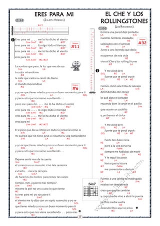 17
w
w
w
.kalinchita.com
Sim7
EL CHE Y LOSEL CHE Y LOSEL CHE Y LOSEL CHE Y LOSEL CHE Y LOS
ROLLINGSTONESROLLINGSTONESROLLINGSTONESROLLINGSTONESROLLINGSTONES
(LOS RANCHEROS)
Contra una pared dejé pintados
LA Sim
nuestros nombres enlazados
RE
salpicados con el aerosol
MI LA
Junto a una leyenda que decia
Sim
escapemos de esta vida
RE
viva el Che y los rolling Stones
MI LA
Y me alejé de ti
SOL RE LA
Suerte que te perdi oooh
SOL RE LA MI
Fuimos como una tribu de salvajes
LA Sim
defendiendo con coraje
RE
lo que dicta el corazón
MI LA
recuerdo bien la tarde en el pasillo
Sim
que sacaste un cuchillo
RE
y probamos el dolor
MI LA
Y me alejé de ti
SOL RE LA
Suerte que te perdi oooh
SOL RE LA MI
Fuiste tan dulce nena
RE LA
pero a la vez perversa
MI Fa#m
siempre me hablabas de morir
RE LA MI
Y te segui los pasos
RE LA
hasta que tu locura
MI Fa#m
me comenzaba a destruir
RE LA MI
Fuimos a una iglesia en madrugada
LA Sim
estabas tan desesperada
RE
creo que querias cambiar
MI LA
y como nadie vino a abrir la puerta
Sim
te diste media vuelta
RE
diciendo Dios aqui no estas
MI LA


1 0-0
ERES PERES PERES PERES PERES PARA MIARA MIARA MIARA MIARA MI
(JULIETA VENEGAS)
Eres para mi . . . . me lo ha dicho el viento
Sim-Sim7 MI MI7
eres para mi . . . . lo oigo todo el tiempo
Sim-Sim7 MI MI7
eres para mi . . . . me lo ha dicho el viento
Sim-Sim7 MI MI7
eres para mi
Sim-Sim7 MI-MI7
La sombra que pasa, la luz que me abraza
Sim LA
tus ojos mirandome
MI
la calle que canta su canto de diario
Sim LA
el mundo moviendose
MI
y yo se que tienes miedo y no es un buen momento para ti
SOL LA SOL
y para esto que nos viene sucediendo . .
MI
pero eres para mi . . . . me lo ha dicho el viento
Sim-Sim7 MI MI7
eres para mi . . . . lo oigo todo el tiempo
Sim-Sim7 MI MI7
eres para mi . . . . me lo ha dicho el viento
Sim-Sim7 MI MI7
eres para mi
Sim-Sim7 MI-MI7
El espejo que da su reflejo en todo lo pinta tal como es
Sim LA MI
mi cuerpo que no tiene peso si escucho tu voz llamandome
Sim LA MI
y yo se que tienes miedo y no es un buen momento para ti
SOL LA SOL
y para esto que nos viene sucediendo . .
MI
Dejame sentir mas de la cuenta
Sim Sim7
el corazon es un musculo si no late revienta
MI
extraño . . mirarte de lejos,
Sim Sim7
de hacernos los tontos parecemos tan viejos
MI
tiempo, mm, ¿quieres mas tiempo?
Sim Sim7
mirame la piel no ves a caso lo que siento
MI
tu eres para mi yo soy para ti
Sim Sim7
el viento me lo dijo con un soplo suavecito y yo se
MI SOL
que tienes miedo y no es un buen momento para ti
LA SOL
y para esto que nos viene sucediendo . . pero eres . .
MI




5555532333332
442
3333322
42
Rasgueo
#11
2 3-2






3 3 3 3 0 0 3 3
4 2 2 2 1 1 1 1
4 2 2 2 0
2 2 2 4 2
Riff
Rasgueo
#6


Rasgueo
#32
 