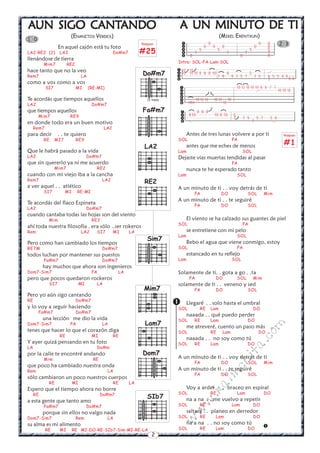 2
w
w
w
.kalinchita.com
AAAAAUN SIGO CUN SIGO CUN SIGO CUN SIGO CUN SIGO CANTANTANTANTANTANDOANDOANDOANDOANDO
(ENANITOS VERDES)
En aquel cajón está tu foto
LA2-RE2 (2) LA2 Do#m7
llenándose de tierra
Mim7 RE2
hace tanto que no la veo
Rem7 LA
como a vos como a vos
SI7 MI (RE-MI)
Te acordás que tiempos aquellos
LA2 Do#m7
que tiempos aquellos
Mim7 RE9
en donde todo era un buen motivo
Rem7 LA2
para decir . . te quiero
RE MI7 RE9
Que le habrá pasado a la vida
LA2 Do#m7
que sin quererlo ya ni me acuerdo
Mim7 RE2
cuando con mi viejo iba a la cancha
Rem7 LA2
a ver aquel . . atlético
SI7 MI RE-MI
Te acordás del flaco Espineta
LA2 Do#m7
cuando cantaba todas las hojas son del viento
Mim RE2
ahí toda nuestra filosofía . era sólo ..ser rokeros
Rem LA2 SI7 MI LA
Pero como han cambiado los tiempos
RE7M Do#m7
todos luchan por mantener sus puestos
Fa#m7 Do#m7
hay muchos que ahora son ingenieros
Dom7-Sim7 FA LA
pero que pocos quedaron rockeros
SI7 MI LA
Pero yo aún sigo cantando
RE Do#m7
y lo voy a seguir haciendo
Fa#m7 Do#m7
una lección me dio la vida
Dom7-Sim7 FA LA
tenes que hacer lo que el corazón diga
RE MI RE
Y ayer quizá pensando en tu foto
LA Do#m
por la calle te encontré andando
Mim RE
que poco ha cambiado nuestra onda
Rem LA
sólo cambiaron un poco nuestros cuerpos
RE MI RE LA
Espero que el tiempo ahora no borre
RE Do#m7
a esta gente que tanto amo
Fa#m7 Do#m7
porque sin ellos no valgo nada
Dom7-Sim7 Rem LA
su alma es mi alimento
RE MI RE MI-DO-RE-SIb7-Sim-MI-RE-LA
1 0
Rasgueo
#25
Lam7
Sim7
LA2
RE2
Dom7
SIb7
Mim7
Do#m7
IV traste
Fa#m7


A UN MINUTO DE TIA UN MINUTO DE TIA UN MINUTO DE TIA UN MINUTO DE TIA UN MINUTO DE TI
(MIKEL ERENTXUN)
Intro: SOL-FA-Lam-SOL
Antes de tres lunas volvere a por ti
SOL FA
antes que me eches de menos
Lam SOL
Dejaste vias muertas tendidas al pasar
FA
nunca te he esperado tanto
Lam SOL
A un minuto de ti . . voy detrás de ti
FA DO SOL Mim
A un minuto de ti . . te seguiré
FA DO SOL
El viento se ha calzado sus guantes de piel
SOL FA
se entretiene con mi pelo
Lam SOL
Bebo el agua que viene conmigo, estoy
SOL FA
estancado en tu reflejo
Lam SOL
Solamente de ti. . gota a go . .ta
FA DO SOL Mim
solamente de ti . . veneno y sed
FA DO SOL
Llegaré . . solo hasta el umbral
SOL RE Lam DO
naaada . . qué puedo perder
SOL RE Lam DO
me atreveré, cuento un paso más
SOL RE Lam DO
naaada . . no soy como tú
SOL RE Lam DO
A un minuto de ti . . voy detrás de ti
FA DO SOL Mim
A un minuto de ti . . te seguiré
FA DO SOL
Voy a arder . . . braceo en espiral
SOL RE Lam DO
na a na . . me vuelvo a repetir
SOL RE Lam DO
saltaré . . planeo en derredor
SOL RE Lam DO
na a na . . no soy como tú
SOL RE Lam DO
(
2 3
Rasgueo
#1




8 8 8
810 10 8 10 5
7 7 5 5 7 5 4
7
(
(
(
(
(






10 12 10 10 10 8 8 7 7
10 10 10
10 12 12 10 12 10
1012 12
( (
(
10 10
10 10 10 8 8 8 10 8 5
7 9 9 7 5 7 7 5 4 5 5 4
7




(
4
5 5
(
(





0 0 0
0 0 0 0 0
5 5 5 5
7 7 7 7
0 0 0
( (
(
 
