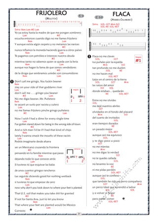 21
w
w
w
.kalinchita.com
FRIJOLEROFRIJOLEROFRIJOLEROFRIJOLEROFRIJOLERO
(MOLOTOV)
Intro: Rem-Lam-MI-Lam
Yo ya estoy hasta la madre de que me pongan sombrero
Lam MI
escucha entonces cuando digo no me llames frijolero
Rem Lam
Y aunque exista algún respeto y no metamos las narices
MI
nunca inflamos la moneda haciendo guerra a otros países
Rem Lam
Te pagamos con petróleo e intereses nuestra deuda
MI
mientras tanto no sabemos quien se queda con la feria
Rem Lam
aunque nos hagan la fama de que somos vendedores
MI
de la droga que sembramos ustedes son consumidores
Rem Lam
Don't call me gringo, You fuckin beaner
Rem
stay on your side of that goddamn river
Lam
don't call me . . . gringo you beaner
MI Lam
No me digas beaner, Mr. Puñetero
Rem
te sacaré un susto por racista y culero
Lam
no me llames frijolero pinche gringo puñetero
MI Lam
Now I wish I had a dime for every single time
Lam
I've gotten stared down for being in the wrong side of town
MI
And a rich man I'd be if I had that kind of chips
Rem
lately I wanna smack the mouths of these racists
Lam
Podrás imaginarte desde afuera
ser un Mexicano cruzando la frontera
MI
pensando en tu familia mientras que pasas
Rem
dejando todo lo que conoces atrás
Lam
Si tuvieras tú que esquivar las balas
de unos cuantos gringos rancheros
MI
Las seguirás diciendo good for nothing wetback
Rem
si tuvieras tú que empezar de cero
Lam
now why don't you look down to where your feet is planted
That U.S. soil that makes you take shit for granted
MI
If not for Santa Ana, just to let you know
Rem
That where your feet are planted would be Mexico
Lam
Correcto
5 0


FLFLFLFLFLACACACACACAAAAA
(ANDRES CALAMARO)
Intro: SOL-SI7-Mim-DO
SOL-RE-SOL-RE7
Flaca no me claves
SOL SI7
tus puñales por la espalda
Mim DO
tan profundo no me duelen
SOL RE
no me hacen mal
SOL-RE7
Lejos en el centro de la tierra
SOL SI7 Mim
las raíces del amor
DO SOL
donde estaban... quedarán
RE SOL-RE7
Entre no me olvides
SOL
me dejé nuestros abriles
SI7
olvidados en el fondo del placard
Mim DO
del cuarto de invitados
SOL
eran tiempos dorados
RE
un pasado mejor
SOL-RE7
aunque casi me equivoco
SOL
y te digo poco a poco
SI7
no me mientas
Mim
no me digas la verdad
DO
no te quedes callada
SOL
no levantes la voz
RE
ni me pidas perdón
SOL-RE7
aunque casi te confieso
SOL
que también he sido un perro compañero
SI7 Mim
un perro ideal que aprendió a ladrar
DO SOL
y a volver al hogar
RE
para poder comer
SOL-RE7


2 3-0






0 3 0 0 3 0
2 0 2 2 0






0
3 0 0 3 4 0 0 4 0 0 3 1
2 0 2 0 2 0 2
Rasgueo
#1




12 10 12 10 12 10 8 7 8 7 8 10 8 7 8 7 8 7 8
10
0 1 2 2 2 2 2 0
2 3 2
p ami
1 2

p ami
1 2

ami
rasgueo
variacion


 
