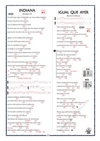 24
w
w
w
.kalinchita.com
INDIANAINDIANAINDIANAINDIANAINDIANA
(HOMBRES G)
Es inútil que sigas mintiendo, no me puedes engañar
DO SOL
es que me pones los cuernos
DO
con la bateria del siniestro total
SOL
te crees que no me entero que me chupo el dedo
Lam FA
que yo te vea otra vez con el, te vas a enterar
DO SOL
Quien es ese imbécil del sombrero
DO
me han dicho que estás con el
SOL
con su cazadora de cuero
DO
su látigo y su revolver que bien
SOL
Indiana Jones ya no quiere arcas ni historias
Lam FA
vuelve el heroe para llevarse a mi novia
DO SOL
Dios mio que te hecho yooo oh Indiana
DO Mim Lam
nunca me he portado mal contigo niña oh Indiana
FA SOL DO Mim Lam
dios mio que te he hecho yo oh Indiana
FA SOL DO Mim Lam
te dejara por ahi se ira al templo maldito
FA SOL Rem FA SOL
y volverás a mi
DO Mim-FA-DO SOL
Indiana Indiana, Indiana Indiana
DO SOL
no sabes decir otra cosa me tienes hasta la banana
DO SOL
ya he visto catorce veces la pelicula
Lam
me estas torturando con la música
FA
me arrastra cambiar los cromos
DO
de tu colección del álbum
SOL
del álbum de Indiana Jones oh oh Indiana
DO Mim Lam
no puedo soportar tu barbita de cuatro dias
FA SOL DO Mim Lam
suelta el látigo y verás
FA-SOL DO Mim
dale gracias a Dios que tienes gafas Indiana.
Lam FA SOL DO Mim Lam
4 2-5
SIb
MIb
III traste
IGUIGUIGUIGUIGUAL QUE AAL QUE AAL QUE AAL QUE AAL QUE AYERYERYERYERYER
(ENANITOS VERDES)
Nos conocimos sin saber
Lam RE
que un cigarrillo y un café
SOL Sim Mim
serían excusas para el tiempo de los dos
Lam RE SOL
voy a salir a caminar
Lam RE
y aunque es muy grande la ciudad
SOL Sim Mim
yo presiento que nos vamos a encontrar
Lam RE SOL
Porque mantuviste encendida
FA MI
la chispa de nuestro amor
Lam
yo ahora te llevo en cada latido
MIb Rem Dom SIb
de mi corazón
Lam RE
Yo necesito tu amor,
Lam RE
dame tu amoooor
SOL Sim-Sibm
yo necesito tu amor,
Lam Dom
igual que ayer
Lam RE
Como explicarte la emoción
Lam RE
cuando escuché por fin tu voz
SOL Sim Mim
quedó desierta la ciudad
Lam RE
sólo para los dos
SOL
Otra vez en el mismo bar
Lam RE
un cigarrillo y un café, viejas excusas
SOL Sim Mim Lam
de un encuentro sin final
RE SOL
Parece que al final los dooooos
SI Rem DO
pudimos fraccionar, supimos fraccionar
Lam RE Lam RE
Recuperemos el lugar
Lam RE
lugar que nadie más llenó
SOL Sim Mim
y con las flores del jardín
Lam RE
florecerá el amor
SOL



2 0-1
Rasgueo
#1



10 10 12
12 13 13 13 12 13 10 12 13 13 12 12 10



10 10 15 14 12
12 13 13 13 12 12 10 10 8 8
16 14 12
Rasgueo
#1



5 5 7 7 5 5 5 5 5
5 5 7 7 7 7 7 5 5
5 7 7



)
)
((
( ( ((



8 8 8 8 10 8 8 12 151515151512 10 8 8
10 1010 10 1013 13 13 131313 8 10 8
4 veces



5 5 5
5 5 7 5 5 5 7 5 5 5 7 5 7 7 7 7 5
7 7 7 7 7 5 7 7 7 5
 