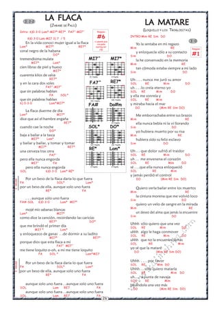 26
w
w
w
.kalinchita.com
FA#
3 2-2
LLLLLA FLA FLA FLA FLA FLACACACACACAAAAA
(JARABE DE PALO)
Intro: 6)0-3-0 Lam*-MI7*-RE7* FA7^-MI7^
6)0-3-0 Lam-MI7 3) 7 / 5
En la vida conoci mujer igual a la flaca
Lam* MI7* - RE7*
coral negro de la habana
DO*
tremendisima mulata
MI7* Lam*
cien libras de piel y hueso
MI7*
cuarenta kilos de salsa
- RE7*
y en la cara dos soles
FA7^-MI7^
que sin palabras hablan
FA SOL*
que sin palabras hablan
6) 0-3-0 Lam*MI7*
La flaca duerme de dia
Lam* MI7*
dice que asi el hambre engaña
RE7*
cuando cae la noche
DO*
baja a bailar a la tasca
MI7* Lam*
y bailar y bailar, y tomar y tomar
MI7* RE7*
una cerveza tras otra
FA7^
pero ella nunca engorda
MI7^ FA
pero ella nunca engorda
SOL 6)0-3-0 Lam* RE*
Por un beso de la flaca daria lo que fuera
FA SOL* Lam*
por un beso de ella, aunque solo uno fuera
RE* FA
. . . aunque solo uno fuera
FA#-SOL 6)0-3-0 Lam* MI7*
mojé mis sabanas blancas
Lam* MI7*
como dice la canción, recordando las caricias
RE7* DO*
que me brindó el primer día
MI7 * Lam*
y enloquezco de ganas . .de dormir a su ladito
MI7* RE7*
porque dios que esta flaca a mi
FA7^ MI7^
me tiene loquito o-oh, a mi me tiene loquito
FA SOL * Lam*MI7
Por un beso de la flaca daria lo que fuera
FA SOL* Lam*
por un beso de ella, aunque solo uno fuera
RE* FA
aunque solo uno fuera . .aunque solo uno fuera
SOL Lam RE7 FA
aunque solo uno fuera . .aunque solo uno fuera
SOL Lam RE7 FA
2veces2veces
Do#m
IV traste
Lam*
V traste
MI7*
V traste
x
x
RE7*
III traste
x
x
FA7^
III traste
x
x
MI7^
II traste
x
x
DO*
III traste
SOL*
III traste
RE*
V traste
Rasgueo
#6
o usando pua
con palm
muting ver
clip
LLLLLA MAA MAA MAA MAA MATTTTTAREAREAREAREARE
(LOQUILLO Y LOS TROGLODITAS)
INTRO:Mim RE Sim DO
Yo la sentaba en mi regazo
Mim RE
y enloquecía sólo a su contacto
Sim DO
la he conservado en la memoria
Mim RE
tan cómoda estaba siempre a mi lado
Sim DO
Uh . . . nunca me juró su amor
SOL RE Mim DO
uh . . .lo creía eterno yo
SOL RE Mim DO
y ella me sonreía y
SOL RE Mim
y miraba hacia el mar
DO (Mim RE Sim DO)
Me emborrachaba entre sus brazos
Mim RE
ella nunca bebía ni la vi llorando
Sim DO
yo hubiera muerto por su risa
Mim RE
hubiera sido su feliz esclavo
Sim DO
Uh . . que dolor sufrió el traidor
SOL RE Mim DO
uh . . me envenena el corazón
SOL RE Mim DO
sé . . .que ella nunca enloqueció
SOL RE Mim
y jamás perdió el control
DO (Mim RE Sim DO)
Quiero verla bailar entre los muertos
Mim RE
la cintura morena que me volvió loco
Sim DO
quiero un velo de sangre en la mirada
Mim RE
un deseo del alma que jamás la encuentre
Sim DO
Uhhh sólo quiero que una vez
SOL RE Mim DO
uhhh algo le haga conmover
SOL RE Mim DO
uhhh que no la encuentre jamás
SOL RE Mim
yo sé que la mataré
DO (Mim RE Sim DO)
Uhhh . . . por favor
SOL RE Mim DO
Uhhh . . sólo quiero matarla
SOL RE Mim DO
uh..... a punta de navaja
SOL RE Mim
besándola una vez más
DO (Mim RE Sim DO)
3 0
Rasgueo
#1
 