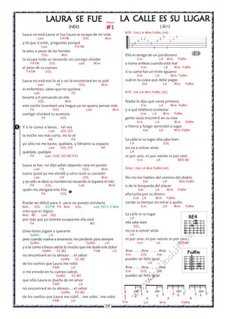 28
w
w
w
.kalinchita.com
Rasgueo
#1
LLLLLAAAAAURA SE FUEURA SE FUEURA SE FUEURA SE FUEURA SE FUE
(NEK)
Laura no está Laura se fue Laura se escapa de mi vida
Lam FA7M SOL Mim
y tú que si estás, preguntas porqué
Lam FA7M
la amo a pesar de las heridas
SOL Mim
lo ocupa todo su recuerdo no consigo olvidar
FA7M SOL Lam Mim
el peso de su cuerpo
FA7M SOL
Laura no está eso lo sé y no la encontraré en tu piel
Lam FA SOL Mim
es enfermizo, sabes que no quisiera
Lam FA
besarte a ti pensando en ella
SOL Mim
esta noche inventaré una tregua ya no quiero pensar más
FA SOL Lam Mim
contigo olvidaré su ausencia
FA SOL
Y si te como a besos, tal vez
Lam SOL-DO
la noche sea más corta, no lo sé
RE FA
yo sólo no me basto, quédate, y lléname su espacio
Lam SOL-DO RE
quédate, quédate
FA Lam (SOL-DO-RE-FA)
Laura se fue, no dijo adiós dejando rota mi pasión
Lam FA SOL Mim
Laura quizá ya me olvidó y otro rozó su corazón
Lam FA SOL Mim
y yo sólo se decir su nombre no recuerdo ni siquiera el mío
FA SOL Lam Mim
quién me abrigará este frío
FA SOL
Puede ser difícil para ti pero no puedo olvidarla
Rem SOL DO7M FA Rem SOL Lam 5)0-2-3 Mim
creo que es lógico
Rem MI Lam SOL
por más que yo intente escaparme ella está
FA MI
Unas horas jugaré a quererte
Do#m LA
pero cuando vuelva a amanecer, me perderás para siempre
Do#m LA Do#m LA
y si te como a besos sabrás lo mucho que me duele este dolor
Do#m SI-MI FA# LA
no encontraré en tu abrazo . . el sabor
Do#m SI-MI
de los sueños que Laura me robó
FA# LA
si me enredo en tu cuerpo sabrás
Do#m SI-MI
que sólo Laura es dueña de mi amor
FA# LA
no encontraré en tu abrazo . . el sabor
Do#m SI-MI
de los sueños que Laura me robó . .me robo . me robo
FA# LA
Riff: Sim-LA-Mim-Fa#m (x4)
Ella es amiga de un pordiosero
Sim LA Mim Fa#m
y toma anfetas cuando está mal
Sim LA Mim Fa#m
si su cama fue un triste agujero
Sim LA Mim Fa#m
cuál es la culpa que debe pagar.
Sim LA Mim Fa#m
Riff: Sim LA Mim Fa#m (x2)
Nadie le dijo qué venía primero
Sim LA Mim Fa#m
y a qué teléfono contestar
Sim LA Mim Fa#m
gente sucia encontró en su ruta
Sim LA Mim Fa#m
a hierro y fuego aprendió a jugar.
Sim LA Mim Fa#m
La calle es su lugar ella sabe bien
LA SOL
no va a volver atrás
LA
ni por uno, ni por veinte ni por cien.
Sim LA RE4-RE
Inter: Sim LA Mim Fa#m (x4)
No no me hablen del camino del diablo
Sim LA Mim-Fa#m
o de la búsqueda del placer
Sim LA Mim Fa#m
ella lucha por su dinero
Sim LA Mim Fa#m
vende su tiempo sin mirar a quién.
Sim LA Mim Fa#m
La calle es su lugar
LA
ella sabe bien
SOL
no va a volver atrás
LA
ni por uno, ni por veinte ni por cien.
Sim LA RE4-RE
Ana . . . .Ana . . . . Ana
Sim SOL Sim
puedes ser feliz igual
LA
Ana . . . .Ana . . . . Ana
Sim SOL Sim
puedes ser feliz igual
LA






0 2
3 2 0 2
4 2 0 2
4 2
2
0 2
Fa#m
RE4


LLLLLA CA CA CA CA CALLE ES SU LALLE ES SU LALLE ES SU LALLE ES SU LALLE ES SU LUGARUGARUGARUGARUGAR
( GIT)
2 3
p ami i p ami i i ami i i ami i
1 2 3 4
          
Sim LA Mim Fa#m
 