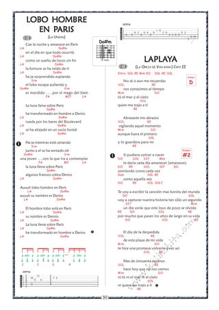 30
w
w
w
.kalinchita.com
LOBLOBLOBLOBLOBO HOMBREO HOMBREO HOMBREO HOMBREO HOMBRE
EN PEN PEN PEN PEN PARISARISARISARISARIS
(LA UNION)
Cae la noche y amanece en París
LA Do#m
en el día en que todo ocurrió
LA Do#m
como un sueño de locos sin fin
LA Do#m
la fortuna se ha reído de ti
LA Do#m
ha ja sorprendido espiando
Sim
el lobo escapa aullando y
Do#m Sim
es mordido . . . por el mago del Siam
FA MI7 LA
La luna llena sobre Paris
Do#m
ha transformado en hombre a Deniss
LA Do#m
rueda por los bares del Boulevard
LA Do#m
se ha alojado en un sucio hostal
LA Do#m
Ha ja mientras está cenando
Sim
junto a el se ha sentado oh
Do#m Sim
una joven . . con la que ira a contemplar
FA MI LA
la luna llena sobre París
Do#m
algunos francos cobra Deniss
LA Do#m
Auuuh lobo hombre en París
LA Do#m
auuuh su nombre es Deniss
LA Do#m
El hombre lobo está en París
LA Do#m
su nombre es Dennis
LA Do#m
La luna llena sobre París
LA Do#m
ha transformado en hombre a Deniss
LA Do#m


3 2
LLLLLAPLAPLAPLAPLAPLAAAAAYYYYYAAAAA
(LA OREJA DE VAN GOGH) CAPO II
Intro: SOL RE Mim DO SOL RE SOL
No sé si aun me recuerdas
SOL RE
nos conocimos al tiempo
Mim DO
tú el mar y el cielo
SOL
quien me trajo a ti
RE
Abrazaste mis abrazos
SOL RE
vigilando aquel momento
Mim DO
aunque fuera el primero
SOL
y lo guardara para mi
RE
Si pudiera volver a nacer
DO SOL SI7 Mim
te daría cada dia amanecer (amanecer)
DO RE SOL SI7 DO
sonriendo como cada vez
Dom SOL RE
como aquella vez
DO RE SOL SOL7
Te voy a escribir la canción mas bonita del mundo
DO SOL
voy a capturar nuestra historia tan sólo un segundo
SI7 Mim
un día verás que este loco de poco se olvida
RE DO SOL RE
por mucho que pasen los años de largo en su vida
DO SOL RE
El día de la despedida
SOL RE
de esta playa de mi vida
Mim DO
te hice una promesa volverte a ver asi
SOL RE
Mas de cincuenta veranos
SOL RE
hace hoy que no nos vemos
Mim DO
ni tú ni el mar ni el cielo
SOL
ni quien me trajo a ti
RE


2 3
Do#m
IV traste
p ami p p ami p p ami p p ami p
1 2 3 4
(


  
  
  






5 12 4
5 10 5 7 5
6 9 9 4
7 6
7 0 4
5
intro
arpegio
D
Rasgueo
#2






1 0
0 2 0 4 0 2 0 0 2
0 0 0 0 4 2 0 0
0 10
3
intro
 