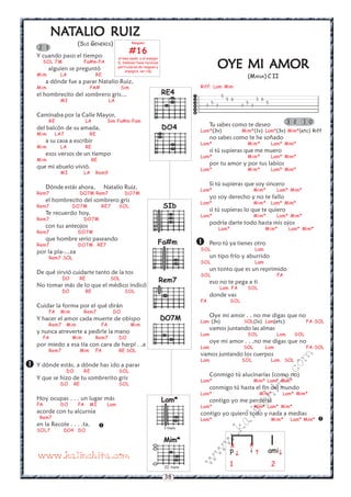 38
w
w
w
.kalinchita.com
RE4
SIb
Fa#m
DO7M
Rem7
NANANANANATTTTTALIO RUIZALIO RUIZALIO RUIZALIO RUIZALIO RUIZ
(SUI GENERIS)
Y cuando paso el tiempo
SOL 7M Fa#m-FA
alguien se preguntó
Mim LA RE
a dónde fue a parar Natalio Ruiz,
Mim FA# Sim
el hombrecito del sombrero gris...
MI LA
Caminaba por la Calle Mayor,
RE LA Sim Fa#m-Fam
del balcón de su amada,
Mim LA7 RE
a su casa a escribir
Mim LA RE
esos versos de un tiempo
Mim RE
que mi abuelo vivió.
MI LA Rem9
Dónde estás ahora, Natalio Ruiz,
Rem7 DO7M Rem7 DO7M
el hombrecito del sombrero gris
Rem7 DO7M RE7 SOL
Te recuerdo hoy,
Rem7 DO7M
con tus anteojos
Rem7 DO7M
que hombre serio paseando
Rem7 DO7M RE7
por la pla-...za
Rem7 SOL
De qué sirvió cuidarte tanto de la tos
DO RE SOL
No tomar más de lo que el médico indicó
DO RE SOL
Cuidar la forma por el qué dirán
FA Mim Rem7 DO
Y hacer el amor cada muerte de obispo
Rem7 Mim FA Mim
y nunca atreverte a pedirle la mano
FA Mim Rem7 DO
por miedo a esa tía con cara de harpí . .a
Rem7 Mim FA RE SOL
Y dónde estás, a dónde has ¡do a parar
DO RE SOL
Y que se hizo de tu sombrerito gris
DO RE SOL
Hoy ocupas . . . un lugar más
FA DO FA MI Lam
acorde con tu alcurnia
Rem7
en la Recole . . . .ta.
SOL7 DO4 DO


2 3
Rasgueo
#16
el mas usado, y el arpegio
D, tambien tiene tecnicas
particulares de rasgueo y
arpegios, ver clip
p i ami
1 2
  
x x
DO4
Lam*
V traste
Mim*
III traste
OYE MI AMOROYE MI AMOROYE MI AMOROYE MI AMOROYE MI AMOR
(MANA) C II
Riff: Lam Mim
Tu sabes como te deseo
Lam*(3v) Mim*(1v) Lam*(3v) Mim*(etc) Riff
no sabes como te he soñado
Lam* Mim* Lam* Mim*
si tú supieras que me muero
Lam* Mim* Lam* Mim*
por tu amor y por tus labios
Lam* Mim* Lam* Mim*
Si tú supieras que soy sincero
Lam* Mim* Lam* Mim*
yo soy derecho y no te fallo
Lam* Mim* Lam* Mim*
si tú supieras lo que te quiero
Lam* Mim* Lam* Mim*
podría darte todo hasta mis ojos
Lam* Mim* Lam* Mim*
Pero tú ya tienes otro
SOL Lam
un tipo frío y aburrido
SOL Lam
un tonto que es un reprimido
SOL FA
eso no te pega a ti
Lam FA SOL
donde vas
FA SOL
Oye mi amor . . no me digas que no
Lam (3v) SOL(1v) Lam(etc) FA-SOL
vamos juntando las almas
Lam SOL Lam SOL
oye mi amor . . .no me digas que no
Lam SOL Lam FA-SOL
vamos juntando los cuerpos
Lam SOL Lam SOL
Conmigo tú alucinarías (como no)
Lam* Mim* Lam* Mim*
conmigo tú hasta el fin del mundo
Lam* Mim* Lam* Mim*
contigo yo me perdería
Lam* Mim* Lam* Mim*
contigo yo quiero todo y nada a medias
Lam* Mim* Lam* Mim*


3 2 1 0






5
5 6 5 6
5 5 5
7 7 7 7
www.kalinchita.com
 