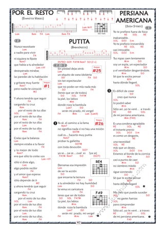 40
w
w
w
.kalinchita.com
Nunca necesitaste
Lam
a nadie para vivir
FA
ni siquiera te fijaste
Rem7
que había a tu alrededor
Lam riff
desesperado mirabas
Lam
las paredes de tu habitación
FA
y gritaste muy fuerte
Rem7
pero nadie te conoció
MI
Y ahora tendrás que seguir
FA
cargando tu cruz
Rem
por el resto de tus días
SOL Lam
por el resto de tus días
Rem FA
por el resto de tus días
Lam
por el resto de tus días
Rem FA
Creías que la balanza
Lam
siempre estaba a tu favor
FA
y lo mejor de todo
Rem7
era que sólo lo creías vos
Lam riff
sólo si diste algo,
Lam
algo podrás recibir
FA
y el amor que esperas
Rem7
sólo depende de ti
MI
y ahora tendrás que seguir
FA
cargando tu cruz
Rem
por el resto de tus días
SOL Lam
por el resto de tus días
Rem FA
por el resto de tus días
Lam
por el resto de tus días.
Rem FA
INTRO: DO9 FA7M Rem7 DO (2 v)
Sin piedad dejas atrás
Lam
un séquito de vana idolatría
DO FA DO
sos tan espectacular
Lam
que no podes ser mía nada más
DO FA
(tenes que ser de todos)
DO SOL FA7M
la piel, los labios
Mim
donde roza la bambula
Lam7 DO
serán mi prado, mi vergel
FA Mim Lam (Lam9)
Ya sé, el camino a la fama
Rem7
no significa nada si no hay una misión
DO7M
cuál es... hacerte muy putita
Rem7
probar tu galletita
DO7M
con toda devoción
DO7
ya se....ya se....cual es (ya se)
FA7M Rem7 DO (DO7)
Derramas esa impresión
Lam
de ser la acción
DO
que encarna la ternura
FA DO
a tu alrededor no hay humildad
Lam DO
la venus es caricatura
FA
tenes que ser de todos
DO SOL FA7M
La piel, los labios
Mim
donde roza la bambula
Lam7 DO
serán mi prado, mi vergel
FA Mim Lam


PERSIANAPERSIANAPERSIANAPERSIANAPERSIANA
AMERICAMERICAMERICAMERICAMERICANAANAANAANAANA
(SODA STEREO)
Yo te prefiero fuera de foco
RE SOL RE
inalcanzable.
SOL DO2 Sim
Yo te prefiero irreversible
RE SOL RE
casi intocable.
SOL DO2 Sim
Tus ropas caen lentamente
Mim DO
soy un espía, un espectador
Mim DO
y el ventilador desgarrándote.
Mim DO
Sé que te excita pensar
RE4
hasta dónde llegaré.
SOL
Es difícil de creer
DO
creo que nunca
SOL
lo podré saber
Mim
Sólo así, yo te veré. . a través
RE DO SOL
de mi persiana americana.
Mim (FA9)
Es una condena agradable
RE SOL RE
el instante previo
SOL DO2 Sim
es como un desgaste,
RE
una necesidad
SOL RE
más que un deseo.
SOL DO2 Sim
Estamos al borde de la cornisa
Mim DO
casi a punto de caer
Mim DO
no siembres miedo
Mim
sigue sonriendo
DO
Sé que te excita pensar
RE4
hasta dónde llegaré
SOL
No creo que pueda suceder
SOL DO
no gastes fuerzas
SOL
para comprender
Mim
Sólo así, yo te veré. . a traves
RE DO2 SOL
de mi persiana americana.
FA9



RE4
FA9
Rasgueo
#26
Rasgueo
#25






8 8 8 8 8 8 8 8
5 5 7 7 5 5 7 5 7 7 5 5 7 7 5
5 7
)
  
POR EL RESTOPOR EL RESTOPOR EL RESTOPOR EL RESTOPOR EL RESTO
(ENANITOS VERDES)
3 2






5
5 5 5 5 8
5 7 5 7 5 7 5 7
5 7
0 7 5 0 7 5
PPPPPUTITUTITUTITUTITUTITAAAAA
(BABASÓNICOS)
4 2 3 2
          
x xx x
. x x
  
Lam Riff
intro
VIII traste
Rasgueo
#1
Lam Rem FA Lam Rem FA
4 0
 