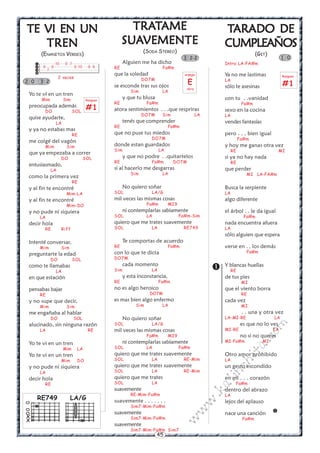 45
w
w
w
.kalinchita.com
Yo te ví en un tren
Mim Sim
preocupada además
DO SOL
quise ayudarte,
LA
y ya no estabas mas
RE
me colgé del vagón
Mim Sim
que ya empezaba a correr
DO SOL
entusiasmado,
LA
como la primera vez
RE
y al fin te encontré
Mim-LA
y al fin te encontré
Mim-DO
y no pude ni siquiera
LA
decir hola
RE Riff
Intenté conversar,
Mim Sim
preguntarte la edad
DO SOL
como te llamabas
LA
en que estación
pensabas bajar
RE
y no supe que decir,
Mim Sim
me engañaba al hablar
DO SOL
alucinado, sin ninguna razón
LA RE
Yo te vi en un tren
Mim LA
Yo te vi en un tren
Mim DO
y no pude ni siquiera
LA
decir hola
RE

TTTTTARADO DEARADO DEARADO DEARADO DEARADO DE
CUMPLEAÑOSCUMPLEAÑOSCUMPLEAÑOSCUMPLEAÑOSCUMPLEAÑOS
(GIT)
Intro: LA-FA#m
Ya no me lastimas
LA
sólo te asesinas
con tu . .vanidad
Fa#m
sexo en la cocina
LA
vendes fantasías
pero . . . bien igual
Fa#m
y hoy me ganas otra vez
RE MI
si ya no hay nada
RE
que perder
MI LA-FA#m
Busca la serpiente
LA
algo diferente
el árbol . . le da igual
Fa#m
nada encuentra afuera
LA
sólo alguien que espera
verse en . . los demás
Fa#m
Y blancas huellas
RE
de tus pies
MI
que el viento borra
RE
cada vez
MI
. . una y otra vez
LA-MI-RE LA
es que no lo ves
MI-RE LA
no si no queres
MI-Fa#m MI
Otro amor prohibido
LA
un gesto escondido
en mi . . . corazón
Fa#m
dentro del abrazo
LA
lejos del aplauso
nace una canción
Fa#m

1 0
TRATRATRATRATRATTTTTAMEAMEAMEAMEAME
SUSUSUSUSUAAAAAVEMENTEVEMENTEVEMENTEVEMENTEVEMENTE
(SODA STEREO)
Alguien me ha dicho
RE Fa#m
que la soledad
DO7M
se esconde tras sus ojos
Sim LA
y que tu blusa
RE Fa#m
atora sentimientos . . .que respriras
DO7M Sim LA
tenés que comprender
RE Fa#m
que no puse tus miedos
DO7M
donde estan guardados
Sim LA
y que no podre . .quitartelos
RE Fa#m DO7M
si al hacerlo me desgarras
Sim LA
No quiero soñar
SOL LA/G
mil veces las mismas cosas
Fa#m MI9
ni contemplarlas sabiamente
SOL LA Fa#m-Sim
quiero que me trates suavemente
SOL LA RE749
Te comportas de acuerdo
RE Fa#m
con lo que te dicta
DO7M
cada momento
Sim LA
y esta inconstancia,
RE Fa#m
no es algo heroico
DO7M
es mas bien algo enfermo
Sim LA
No quiero soñar
SOL LA/G
mil veces las mismas cosas
Fa#m MI9
ni contemplarlas sabiamente
SOL LA Fa#m
quiero que me trates suavemente
SOL LA RE-Mim
quiero que me trates suavemente
SOL LA RE-Mim
quiero que me trates
SOL LA
suavemente
RE-Mim-Fa#m
suavemente . . . . . . .
Sim7-Mim-Fa#m
suavemente
Sim7-Mim-Fa#m
suavemente
Sim7-Mim-Fa#m Sim7
3 2-2
RE749
x
x
arpegio
E
libre
Rasgueo
#1
Rasgueo
#1
LA/G
TE VI EN UNTE VI EN UNTE VI EN UNTE VI EN UNTE VI EN UN
TRENTRENTRENTRENTREN
(ENANITOS VERDES)




10 8 7
8 8 8 10 8 8
7
2 veces
2 0 3 2
 