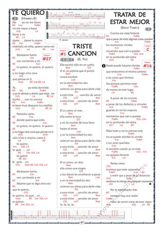 47
w
w
w
.kalinchita.com
TRATRATRATRATRATTTTTAR DEAR DEAR DEAR DEAR DE
ESTESTESTESTESTAR MEJORAR MEJORAR MEJORAR MEJORAR MEJOR
(DIEGO TORRES)
Cuenta esa vieja historia
RE Fa#m
que a pesar de todo algunas cosas quedan
Sim Fa#m
los momentos vividos
Sim
recuerdos que van a quedar
Fa#m SOL-Sim
en lo profundo del alma
SOL RE
Nada puede hacerte olvidar
Fa#m
que anduvimos el mismo camino
Sim Fa#m
y las cosas que hicimos
Sim
fue porque quisimos estar
Fa#m SOL
de nuevo en este lugar
LA RE
A pesar de los errores
RE Fa#m
a pesar de los defectos y virtudes
Sim Fa#m
guardo en mi los mejores
Sim
momentos que van a quedar
Fa#m SOL-Sim
en lo profundo del alma
DO LA RE
Deja todo y no lo pienses más
Fa#m
no se puede olvidar lo vivido
Sim Fa#m
y tus seres queridos
Sim
te extrañan cuando ya no estás
Fa#m SOL -Sim
no quieren llorarte
DO LA
Tantas veces
SOL
tuvimos que estar separados
FA#7 Sim RE
y sentir que a pesar de las distancias
SOL Solm
sentimos lo mismo en cualquier momento
DO LA
No te compliques más
RE
siempre hay una razón
Fa#m
tratar de revivir tratar de estar mejor
Sim SOL LA RE
4 0’


TRISTETRISTETRISTETRISTETRISTE
CCCCCANCIONANCIONANCIONANCIONANCION
(EL TRI)
Ella existió sólo en un sueño
Rem DO
el es un poema que el poeta
Rem
nunca escribió
Lam
en la eternidad los dos
Rem
unieron sus almas para darle vida
DO
a esta triste . . canción de amor
SIb LA7 Rem
a esta triste . . canción de amor
SIb LA7 Rem
El es como el mar,
Rem
ella como la luna
DO
y en las noches de luna llena
Rem
hacen el amor
Lam
y en la inmensidad los dos
Rem
unieron sus almas para darle vida
DO
a esta triste . . canción de amor
SIb LA7 Rem
a esta triste . . canción de amor
SIb LA7 Rem
El es como un dios
Rem
ella como una virgen
DO
y los dioses les enseñaron a pecar
Rem Lam
y en la eternidad los dos
Rem
unieron sus almas para darle vida
DO
a esta triste . . canción de amor
SIb LA7 Rem
a esta triste . . canción de amor
SIb LA7 Rem
la, la, la, la,
3 2 3 0
No ya no me llores
RE Sim Fa#m
no me vayas a hacer
SOL LA
llorar a mi
RE LA
dame . . .dame tu mano
RE Sim Fa#m
inténtalo mi niña, quiero verte reír
SOL LA RE LA
Abrázame fuerte
RE Sim
ven corriendo a mi
RE Sim
te quiero, te quiero, te quiero
RE
y no hago otra cosa
SOL
que pensar en ti
Solm RE-Sim-RE-LA
Tu, ya estás dormida
RE Sim Fa#m
y yo te abrazo y siento que respi. .ras
SOL LA RE-LA
Sueño . . .con tu sonrisa
RE Sim Fa#m
te beso muy despacio tus mejillas
SOL LA RE LA
Necesito verte,
RE Sim
donde quiera que estés,
RE Sim
te quiero, te quiero, te quiero
RE
y no hago otra cosa que pensar en ti
SOL Solm
solo vivo y respiro, para ti
LA RE
te quiero,
Sim SOL LA
te quie. . . .ro
RE Sim SOL LA
te quiero
RE Sim
te quie . .ro,
SOL Solm-RE-Sim-SOL-LA
Abrázame fuerte,
RE Sim
ven corriendo a mi
RE Sim
déjame que te diga otra vez
RE
que te quiero,
SOL
te quiero, te quie . .ro ,
Solm RE Sim SOL LA
te quiero,
RE Sim SOL LA
Rasgueo
#1
)
)




10 13 13 10 10
11 10 13 13 1310 10
12 1210
1210 12
)
)
4 veces





10 10 10
10 12 9 12 9 10
12 1012 101210 12 1210 12
101210
)
)
)
)
)
)





12 12 15 12
10 13 10 1010 13
10 12
12 121012 1012
)
)
Rasgueo
#27
4 0
TE QUIEROTE QUIEROTE QUIEROTE QUIEROTE QUIERO
(HOMBRES G)
3 0 2 0 0 0
0 2 3 2 2 2
0 2 2 2 2 2
0 0 2 4 2 2 2 2
4 2 2 0 0 2 4 0
3 3






2 2 2 2 2 1 2 2
3 3 3 3 2 1 2 2
2 2 4 4 2 1 2 2
0 0 0 0 0 4 4 2 4 3 4 4
0 2 0 2 0 2 0 2 4 3 4 4
2
arpegio
C
Rasgueo
#16
 