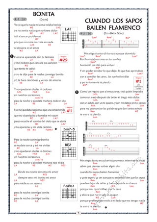5
w
w
w
.kalinchita.com
BBBBBONITONITONITONITONITAAAAA
(CABAS)
Ya no queria nada mi alma estaba herida
MI LA2
ya no sentia nada que no fuera dolor
RE MI LA2
sali a buscar problemas
MI
porque no creia no creia en nada
LA2 RE
ni siquiera en el amor
MI LA
Hasta ke apareciste con tu fantasia
LA RE
y me pediste que cantara esa cancion
MI
que tanto te sabias
LA
y yo te dije pasa la noche conmigo bonita
RE LA
yo te hare canciones y versos de amores
RE LA
Y no quedaran dudas ni dolores
SOL FA# Sim
en nuestros corazones
Sim7-5
pasa la noche y quedate mañana todo el dia
LA RE MI LA
No me quedaba nada mas que una onda herida
MI LA2
que no cicatrizaba y fumaba mi razon
RE MI LA2
pero escuche el sonido del cielo que se abria
MI LA2
y tu aparecias y mi vida cambio
RE MI Fa#m7
Pasa la noche conmigo bonita
RE LA
o mudate cerca y asi me visitas
RE LA
y no quedaran dudas ni dolores
SOL FA# Sim
en nuestros corazones
Sim7-5
pasa la noche y quedate mañana too el dia
LA RE MI RE2
Desde esa noche eres mia mi amor
LA RE2
siempre seras mi bonita mi amor
LA RE2
para nadie es un secreto
LA
pasa la noche conmigo bonita
RE LA
pasa la noche conmigo bonita
RE LA


4 2 3 2
LA2
Fa#m7
RE2
Sim7-5
Rasgueo
#29
CUCUCUCUCUANDO LOS SANDO LOS SANDO LOS SANDO LOS SANDO LOS SAPOSAPOSAPOSAPOSAPOS
BAILEN FLBAILEN FLBAILEN FLBAILEN FLBAILEN FLAMENCOAMENCOAMENCOAMENCOAMENCO
(ELLA BAILA SOLA)
Me alegra tanto oír tu voz aunque dormido
Lam* Rem* Lam*
Por fin viajabas como en tus sueños
Rem*
buscando un sitio para volver
MI*
Y sin poder olvidar lo que dejas lo que has aprendido
Rem* Lam*
van a cambiar las caras, los sueños los días
Rem*
y yo lentamente te pierdo
MI*
Como un regalo que al ensuciarse, tiró quién limpiaba
SOL Lam
como un vaso después de beber el trago más dulce
SOL Lam
con un adiós, con un te quiero, y con mis labios en tus dedos
Rem MI Lam
para no pronunciar las palabras que dan tanto miedo
Rem MI
te vas y te pierdo
Lam
Me alegra tanto escuchar tus promesas mientras te alejas
Rem Lam
saber que piensas volver algún día
Rem
cuando los sapos bailen flamenco
MI
y yo te espero ya ves aunque no entiendo bien que los sapos
Rem Lam
puedan dejar de saltar y bailar lejos de su charco
Rem MI Lam
porque mis ojos brillan con tu cara
Rem
y ahora que no te veo se apagan
MI Lam
porque prefiero que estés a mi lado que no tengas nada
Rem MI
te vas y te pierdo
Lam


4 2 1 0
Rasgueo
#1






5 6 8 8 6 6 6 5 5 6 5 6 6 5 5
7 7 7 5






5 6 8 8 6 6 6 5 5 6 5 6
7 7 7






10 7 7 4
9 9 6
10 7 4
(
(
(
(
(
(
Rasgueo
#1
pero
acentuando las
subidas






0 1 0
1 0 3 3 0 3
2 2 2 1 1
0 2
0
0
Lam* Rem* MI*
 