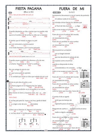 FIESTA PAGANA
                        FIESTA PAGANA                                                                           FUERA DE MI
   2 0                                      (MAGO DE OZ)                                              3 1     4 4               (LA LEY)
     Intro: Sim-LA-Sim-LA-RE-Sim (x3) LA
                                                                                                     Lentamente desvanezco y uso al viento de pretexto
   «a»                                                                                               MI                             LA7M
         5 3 2 5 3 2         5 3 2 5 3 2         3 2 0 3 2 0
 3 3 3 3             3 3 3 3             2 2 2 2                                                         mi cabeza rueda en la escalera.
                                                                                                    MI                                    LA7M
  «b»                                                        «c»
 
 2 2 2 2
          3 2 0 2 3 0                     repite «a»             2 2 2 2         2 3 2 0
                                                                                           3 2
                                                                                                     Las miradas cínicas barren los detalles que
                                          no tocas «b» y
                                         sigues con «c»                                             MI                     LA7M
                                                                                                                                                       Rasgueo
                                                                                                          al final del dia morirán . . . .y digo
 
 
 
       0 2 3
                    0
                        3 2         0 2 3 2 0
                                                    2
                                                         0
                                                                         2
                                                                                                     MI                         LA7M                   #9
                                                                                                     todo se me escapa un paso mas allá
     Cuando despiertes un día y sientas que no puedes más                                            MI              LA7M           Do#m      SI7
     Sim                            Fa#m                     Mim                     Sim
     que en el nombre del de arriba tu vida van a manejar                                            Fuera de mi en el umbral del mundo
                                      Fa#m                           Mim                    FA#                 MI          LA7M
                                                                                                     sin necesidad de entrar
                                                                                                     Do#m                   SI7
     Si sientes que el miedo se pega a tu piel
      RE                                                LA                                           Fuera de mi perdido en otro rumbo
                                                                                                                MI              LA7M
     por ser comunero y justicia querer
           Mim                             Sim                                                       sin necesidad de volver
                                                                                                     Do#m               SI7
     si te rindes hermano, por ti nunca pensarás
                                Mim                        LA            FA#7-Sim
                                                                                                     Me encontré en un balcón
      «a»                           «b»                                  «c»                         MI
           2       2       2         2 2 0 2 0                              2 2 0 2 0
  
  
       0        0       0       0                          3 2
                                                                 2
                                                                     0                   3 2 3 3 2        con un ángel celestial
                                                                                                     LA7M
     Sim-LA-Sim-LA (x2) punteo tocar a b a c a b
                                                                                                          que me devolvía mí cabeza ah ah,
                                                                                                     MI                             LA7M
     Cuando vayan a pedirte los diezmos a fin de mes                                                 me explicó como encontrar
     Sim                            Fa#m           Mim                         Sim                   MI
     y la Santa Inquisición te "invite" a confesar                                                   cuando se desprende el alma
                                Fa#m                     Mim                    FA#                  LA7M
                                                                                                          conectándola a mi corazón . . y digo
     Por eso amigo tú alza la voz                                                                    MI                               LA7M
        RE                           LA                                                              todo se me escapa un paso mas allá              Fa#m
     di que nunca pediste opinión                                                                    MI                LA7M     Do#m         SI
     Mim                             Sim
     si es verdad que existe un dios que trabaje de sol a sol                                        Fuera de mi en el umbral del mundo
                                       LA                                      Mim FA#7      Sim                MI          LA7M
                                                                                                     sin necesidad de entrar,                         LA7M
 Ponte en pie alza el puño y ven                                                                    Do#m                   SI7
     Sim                                   LA                                                        Fuera de mi perdido en otro rumbo
     a la fiesta pagana en la hoguera hay de beber                                                              MI                  LA7M
      SOL                                                  FA# -             Mim-RE-FA#              sin necesidad de volver
     de la misma condición no es el pueblo ni un señor                                               Do#m                SI7
                Sim                                                  LA                              solté los lazos que me atan, fuera de mi
     ellos tienen el clero y nosotros núes..tro su . . dor                                                      LA7M            SI7               MI-LA7M
     SOL                                                 FA#-Mim - RE- FA#-Sim
                                                                                                     Cuando el día se agotó                          FA#
     Intro (1vez)
                                                                                                                                                  m


                                                                                                     MI
                                                                                                          sentí que era tiempo de
                                                                                                                                             co



     Si no hay pan para los tuyos y ves muy gordo al abad
     Sim                                                 Mim                                         LA7M
                                                                                                                                       a.




     si su virgen viste de oro . . . .desnúdala                                                           regresarle pasos al camino,
     Sim                                            Mim FA#                                          MI                             LA7M
                                                                                                                                    it




                                                                                                     Pregunté de vuelta si . . .todavía existía el amor
                                                                                                                              ch




     Cómo van a silenciar al jilguero o al canario                                                   MI                        LA7M
                 RE                 LA                       Mim               Sim
                                                                                                                         in




                                                                                                          nadie se dignó a contestar
     si no hay cárcel ni tumba para el canto libertario                                              MI                               LA7M
                                          LA                         Mim        FA# Sim     
                                                                                                                     al




                                      3                              3                               Fuera de mi perdido en otro rumbo
                                                                                                                 .k




                                                                                                                MI              LA7M
                                                                                                                                                      Do#m
                                                                                                             w




                                                                                                     sin necesidad de volver
                                                                                                     Do#m                SI7
                                p           p              ami              p
                                )




                                                                 )




                                                                                                          w




                                                                     
                                                                                                     solté los lazos que me atan
                                1                             2                                                 LA7M            SI7
                                                                                                     w




                                                                                                                                                       IV traste
                                                                                                     dejando huellas que pisan fuera de mi
                                                                                                                LA7M          SI7             MI
                                                                                             20
 