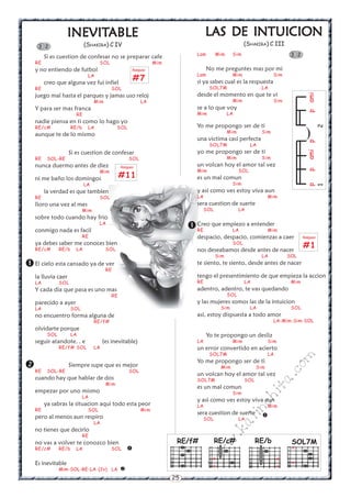 INEVITABLE
                   INEVITABLE                                                       LAS DE INTUICION
    3 2                      (SHAKIRA) C IV                                                            (SHAKIRA) C III
                                                                               Lam        Mim    Sim                          3 2
        Si es cuestion de confesar no se preparar cafe
   RE                               SOL                          Mim
   y no entiendo de futbol                             Rasgueo                      No me preguntes mas por mi
                                                                               Lam               Mim                   Sim
                              LA
        creo que alguna vez fui infiel
                                                       #7                      si ya sabes cual es la respuesta
   RE                                      SOL                                       SOL7M                       LA
   juego mal hasta el parques y jamas uso reloj                                desde el momento en que te vi




                                                                                                                                     ami
                                   Mim                     LA                                    Mim                   Sim
   Y para ser mas franca                                                       se a lo que voy




                                                                                                                                     p
                        RE                                                     Mim              LA
   nadie piensa en ti como lo hago yo
   RE/c#              RE/b    LA               SOL                             Yo me propongo ser de ti




                                                                                                                                           2
   aunque te de lo mismo                                                                        Mim
                                                                               una victima casi perfecta
                                                                                                                 Sim
                                                                                                                                     )




                                                                                                                                     p
                                                                                     SOL7M                  LA
                    Si es cuestion de confesar                                 yo me propongo ser de ti




                                                                                                                                     ami
   RE    SOL-RE                                      SOL                                        Mim              Sim
   nunca duermo antes de diez                   Rasgueo
                                                                               un volcan hoy el amor tal vez
                                                                               Mim                    SOL




                                                                                                                                     p
                                    Mim
   ni me baño los domingos                      #11                            es un mal comun
                             LA                                                                  Sim




                                                                                                                                     p
                                                                                                                                     1
        la verdad es que tambien                                               y asi como ves estoy viva aun
   RE                               SOL                                        LA                                  Mim
   lloro una vez al mes                                                        sera cuestion de suerte
                             Mim                                                    SOL               LA
   sobre todo cuando hay frio

   conmigo nada es facil
                                    LA
                                                                             Creo que empiezo a entender
                                                                              RE          LA          Mim
                             RE                                                despacio, despacio, comienzas a caer                 Rasgueo
   ya debes saber me conoces bien
   RE/c#       RE/b     LA               SOL
                                                                                                 SOL
                                                                               nos deseabamos desde antes de nacer
                                                                                                                                    #1
                                                                                          Sim                    LA          SOL
 El cielo esta cansado ya de RE
                              ver                                              te siento, te siento, desde antes de nacer

   la lluvia caer                                                              tengo el presentimiento de que empieza la accion
   LA          SOL                                                             RE                      LA                     Mim
   Y cada dia que pasa es uno mas                                              adentro, adentro, te vas quedando
                                           RE                                                   SOL
   parecido a ayer                                                             y las mujeres somos las de la intuicion
   LA                 SOL                                                                  Sim              LA                SOL
   no encuentro forma alguna de                                                asi, estoy dispuesta a todo amor
                                   RE/f#                                                                               LA-Mim-Sim-SOL
   olvidarte porque
         SOL          LA                                                            Yo te propongo un desliz
   seguir atandote. . e                 (es inevitable)                        LA                Mim               Sim
               RE/f# SOL           LA                                          un error convertido en acierto
                                                                                     SOL7M                         LA
                                                                                                                             m


                                                                               Yo me propongo ser de ti
 RE                Siempre supe que es mejor                                              Mim               Sim
                                                                                                                            co



         SOL-RE                                      SOL
                                                                               un volcan hoy el amor tal vez
   cuando hay que hablar de dos
                                                                                                                      a.




                                                                               SOL7M                   SOL
                                         Mim
                                                                               es un mal comun
                                                                                                                 it




   empezar por uno mismo                                                                         Sim
                             LA
                                                                                                            ch




                                                                               y asi como ves estoy viva aun
        ya sabras la situacion aqui todo esta peor                             LA                                  Mim
   RE                         SOL                          Mim
                                                                                                      in




                                                                               sera cuestion de suerte           
   pero al menos aun respiro                                                        SOL               LA
                                                                                                 al




                                   LA
   no tienes que decirlo
                                                                                            .k




                             RE
                                                                        RE/f#             RE/c#              RE/b             SOL7M
                                                                                      w




   no vas a volver te conozco bien
   RE/c#       RE/b     LA                 SOL                                                                               x
                                                                                 w




                                                                                      x                                 x
                                                                              w




   Es inevitable                                                                                                              x
                                                                                      x                                 x
               Mim-SOL-RE-LA (2v) LA 
                                                                       25
 
