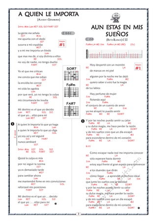 A QUIEN LE IMPORTA
                     IMPORT
                                 (ALASKA Y DINAMARA)

          Intro.:M¡m Lam RE7 SOL DO FA#7 SI7
                                                                                               AUN ESTAS EN MIS
                                                                                                   ESTAS
          La gente me señala
            SI7               Mim
                                                                2 0-0-1
                                                                                                   SUEÑOS
          me apunta con el dedo                                                         1 2-0                 (RATA BLANCA) C II
                                   SI7                     Rasgueo

          susurra a mis espaldas                           #1                           Fa#m-LA-MI-Sim         Fa#m-LA-MI-(RE)           (2v)
                              MI7
          y a mi me importa un bledo                                                    
                                                                                        
                                         Lam                                                        4              7            4
                                                                                             47 7 2 4      4 7 7 2 7    4 7 7 2 4       4 7 7 2
          que mas me dá, si soy distinta a ellos                                             47 7 2 2
                                                                                              25 5 0
                                                                                                            4 7 7 2 5
                                                                                                            2 5 5 0
                                                                                                                         4 7 7 2 2
                                                                                                                         2 5 5 0
                                                                                                                                         4 7 7 2
                                                                                                                                         2 5 5 0
                                                                                        
                            RE                            SOL
          no soy de nadie, no tengo dueño
                        FA#7                    SI7                                           Hoy desperté con un montón                        Rasgueo

                                                                     DO#7               RE                                     LA
                                                                                                                                                #1
          Yo sé que me critican                                             x                 de marcas en mi piel
                              Mim
          me consta que me odian                                                              alguien por la noche me las dejó
                                    SI7                                     x           Sim                    Fa#m                MI
          la envidia les corroe                                                               quiero saber si esto fue la magia
                              MI7                                    Fa#m               RE                                    LA
          mi vida les agobia                                                            de tus labios
                        Lam
          por que será, yo no tengo la culpa                                                  Hay perfume de mujer
                       RE                           SOL                                 Sim                  Fa#m
          mis circuntancia les insulta                                                        flotando aqui
                                                                                        Sim                 Fa#m
                        FA#7             SI7                         FA#7
                                                                                        el conjuro de un cuento de amor
                                                                                                 RE                LA          Sim
          Mi destino es el que yo decido
          Lam     RE7               SOL        DO                                       ya me atrapó lo puedo sentir
                                                                                        Fa#m           MI      RE        DO#7
          el que yo... elijo para mi
                  Lam RE7            SI7
                                                                                     Y por las noches puedo sentir su calor
         A quien le importa lo que yo haga
                                                                                        Fa#m RE         LA                MI
                                                                                        y su dulce magia, me hace perder la razón
                            Mim                 Lam
                                                                                               Fa#m RE             LA                    DO#7
          a quien le importa lo que yo diga
2 veces




                            RE7                 SOL                                     y de mis sueños creo que un día escapó
                                                                                        Fa#m       RE          LA                        MI
          yo soy así y así seguiré
                  DO                FA#7                                                para esconderse dentro de mi corazón
                                                                                            Fa#m       RE         LA                 DO#7
          nunca cambiaré
                            SI7
                                                                                        Riff
          Inter.:Mim    SI7       SOL          DO
                  RE    SOL       FA#7         SI7
                                                                                              Como escapar nada real me importa conocer
                                                                                        RE                              LA
          Quizá la culpa es mía                                                               solo esperare hasta dormir
                                                                                                                                         m

                                  Mim                                                   Sim                Fa#m          MI
          por no seguir la norma                                                              estoy aqui frente al gran espejo para convencer
                                                                                                                                   co



                              SI7                                                       RE                                     LA
                                                                                                                              a.




          ya es demasiado tarde                                                               a los duendes que dirán
                                  MI7                                                   Sim                    Fa#m
                                                                                                                         it




          para cambiar ahora                                                                  cómo llegar . .a aprender el hechizo ideal
                            Lam
                                                                                                                       ch




                                                                                        Sim            Fa#m              RE          LA          Sim
          me mantendré firme en mis convicciones                                        que junte los sueños con la realidad
                                                                                                                  in




                        RE7                                SOL                                 Fa#m          MI         RE         DO#7
          reforzaré mis posiciones                                                      y por las noches puedo sentir su calor
                                                                                                            al




                  FA#7            SI7                                                   Fa#m       RE          LA                   MI
                                                                                                       .k




                                                                                        su dulce magia, me hace perder la razón
          Mi destino es el que yo . . decido                                                Fa#m      RE           LA                DO#7
                                                                                                   w




          Lam     RE7               SOL         DO                                      y de mis sueños creo que un día escapó
          el que yo . . . elijo para mi                                                     Fa#m      RE       LA                        MI
                                                                                               w




                Lam         RE7          SI7                                           para esconderse dentro de mi corazón
                                                                                        w




                                                                                            Fa#m       RE      LA                    DO#7         

                                                                                3
 