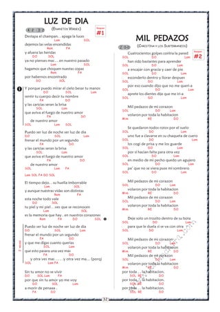 LUZ DE DIA
           4 2       3 2         (ENANITOS VERDES)                       Rasgueo

                                                                         #1
          Destapa el champan. . apaga la luces
                                   Lam                       SOL                                  PEDAZOS
                                                                                              MIL PEDAZOS
          dejemos las velas encendidas                                                        (CHRISTINA Y LOS SUBTERRANEOS)
                            Rem              FA                                    2 0-0
                                                                                                                                       Rasgueo
          y afuera las heridas                                                         Cuatrocientos golpes contra la pared
                DO           SOL                                                    SOL               DO                       Lam     #2
          ya no pienses mas . . en nuestro pasado                                      han sido bastantes para aprender
                                 Lam                         SOL                    SOL               DO                 Lam
          hagamos que choquen nuestas copas                                            a encajar con gracia y caer de pie
                                 Rem                    FA                          SOL               DO                   Lam
          por habernos encontrado                                                      esconderlo dentro y llorar despues
                  DO                   SOL                                          SOL             DO                   Lam
                                                                                       por eso cuando dijo que no me queri-a
         Y porque puedo mirar el cielo besar tu manos
                        DO                   SOL                   Lam
                                                                                    SOL                   DO                     Lam
                                                                                       aprete los dientes dije que me iri-a
          sentir tu cuerpo decir tu nombre                                          SOL             DO                     Lam
                      FA                     DO
          y las caricias seran la brisa
                  SOL                    Lam                                           Mil pedazos de mi corazon
                                                                                    SOL                   DO       Lam
          que aviva el fuego de nuestro amor
                            FA                            DO                           volaron por toda la habitacion
                                                                                    Mim             RE              DO
               de nuestro amor
          SOL                      Lam       SOL
                                                                                       Se quedaron todos rotos por el suelo
          Puedo ser luz de noche ser luz de dia                                     SOL              DO                    Lam
          DO                       SOL                       Lam                       uno fue a clavarse en su chaqueta de cuero
          frenar el mundo por un segundo                                            SOL              DO                              Lam
                      FA                       DO                                      los cogi de prisa y me los guarde
          y las caricias seran la brisa                                             SOL             DO                   Lam
                  SOL                    Lam                                           por si hacian falta para otra vez
          que aviva el fuego de nuestro amor                                        SOL               DO            Lam
                            FA                            DO                           en medio de mi pecho quedo un agujero
               de nuestro amor                                                      SOL                   DO                     Lam
          SOL                      Lam       FA                                        pa’ que no se viera puse mi sombrero
                                                                                    SOL               DO                   Lam
          Lam SOL FA DO SOL

          El tiempo dejo. . su huella imborrable                                       Mil pedazos de mi corazon
                                                                                    SOL                   DO       Lam
                           Lam                      SOL
          y aunque nuestras vidas son distintas                                        volaron por toda la habitacion
                                                                                    Mim             RE              DO
                                   Rem               FA
          esta noche todo vale                                                         Mil pedazos de mi corazon
                                                                                    SOL                   DO       Lam
                DO               SOL
          tu piel y mi piel . .ves que se reconocen                                    volaron por toda la habitacion
                                                                                    Mim             RE              DO
                        Lam                               SOL
          es la memoria que hay . en nuestros corazones
                      Rem              FA          DO               SOL               Deje solo un trozito dentro de su bota
                                                                                    SOL                  DO                    Lam
                                                                                                                           m


          Puedo ser luz de noche ser luz de dia                                        para que le duela si se va con otra
                                                                                                                     co



          DO                       SOL                    Lam                       SOL              DO                  Lam
          frenar el mundo por un segundo
                                                                                                                   a.




                      FA                       DO                                      Mil pedazos de mi corazon
          y que me digas cuanto querias
2 veces




                                                                                    SOL                   DO       Lam
                                                                                                               it




                        SOL                    Lam                                     volaron por toda la habitacion
                                                                                                          ch




          que esto pasara una vez mas                                               Mim             RE              DO
                        FA                     DO                                      Mil pedazos de mi corazon
                                                                                                     in




               y otra ves mas . . . .y otra vez ma... (porq)                        SOL                   DO       Lam
          SOL                Lam FA
                                                                                                    al




                                                                                       volaron por toda la habitacion
                                                                                    Mim             RE              DO
                                                                                              .k




          Sin tu amor no se vivir                                                   por toda . . la habitacion.
          DO         SOL Lam           FA                                                  SOL RE             DO
                                                                                           w




          por que sin tu amor yo me voy                                             por toda . . la habitacion.
                                                                                      w




                DO               SOL               Lam                                     SOL RE             DO
          a morir de penaaa .                                                       por toda . . la habitacion.
                                                                                   w




                FA               DO                                                        SOL RE             DO

                                                                              32
 