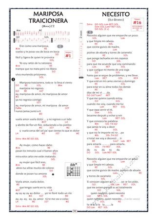 MARIPOSA
                   MARIPOSA                                                                                                      NECESITO
                  TRAICIONERA                                                                                                            (SUI GENERIS)               Rasgueo


                                                                                                               Intro: DO-SOL-Lam-RE7-SOL
                                                                                                                                                                   #16
                                  (MANA) C I                                                                          Dom-SOL-Lam7-RE7-SOL                        solo en algunas
                                                                                                                                                                  secciones, ver
                                                                                                                      DO-SOL (3 v)                                      clip
  Mim                   RE
                                                                                                               4 0




                                                                                2 veces
         7 7 7   7   5                          5 5 5   5
 8 8 8 8 8 8 8 8 8 8 7 7    7 7 7           7 7 7 7 7 7 7 7
 9 9 9 9       9   9    7   7 7 7           7 7       7   7                                                   Necesito alguien que me emparche un poco
  DO                         SOL                                                                                     SOL                                Lam
 3       3   3   3   2    0                      5 4 2 0 2
 5 5   5   5   5   3    1     3                                                                              y que limpie mi cabeza.
 5                          4   3           




                                                                                                           0
                                                                                                                        RE               SOL




                                                                                                         4
         Eres como una mariposa,                     1 0                                                       que cocine guisos de madre,




                                                                                             2 0 2 2 2 0
    Mim                            RE                                                                                                           Lam
    vuelas y te posas vas de boca en boca                  Rasgueo                                             postres de abuela y torres de caramelo
                                                   DO
    fácil y ligera de quien te provoca                     #1                                                                     RE                        SOL
                                                                                                               que ponga tachuelas en mis zapatos
                                         SOL




                                                                                       0 0 0
                                                                                                                     DO                           SOL
         Yo soy ratón de tu ratonera                                                                           para que me acuerde que voy caminando
    Mim                                  RE                                                                          Lam               RE7              SOL




                                                                                     2
    trampa que no mata pero no libera                                                                          y que cuelgue mi mente de una soga


                                                                            1 1 1 0
                                             DO                                                                         DO                        SOL
    vivo muriendo prisionero.                                                                                  hasta que se seque de problemas, y me lleve.
                             SOL                                                                                        Lam       RE7                 SOL           RE4
                                                                           
                                                                           
                                                                                                              Y que esté en mi cama viernes y domingo
         Mariposa traicionera, todo se lo lleva el viento                                                               RE                              SOL
    DO       RE             SOL                      Mim
                                                                                                               para estar en su alma todos los demás
         mariposa no regreso.                                                                                           RE                            SOL
    DO       RE              SI7
                                                                                                               días de mi vi . . .da.
    ay, mariposa de amor, mi mariposa de amor                                                                  DO-Sibº-Lam7            -RE7
    MI
                                                                                                               Y que me quiera cuando estoy,
    ya no regreso contigo                                                                                               DO                        SOL
                            SI7
                                                                                                               cuando me voy, cuando me fui
    ay, mariposa de amor, mi mariposa de amor                                                                                 Lam               RE7     SOL
    Fa#m                                                   SI7
                                                                                                               Y que sepa servir el té,
    nunca jamas junto a ti                                                                                              Dom              SOL
                             MI
                                                                                                               besarme después y echar a reir
                                                                                                                                  Lam             RE7 SOL
    vuela amor vuela dolor . . y no regreses a un lado
                                  MI7                      LA                                                  Y que conozca las palabras
                                                                                                                        Mlb            SIb FA-DO
    y abréte de flor en flor, seduciendo a los pistilos
                             MI          SI7                   MI                                              que jamás le voy a decir
                                                                                                                        RE                      SOL
         y vuela cerca del sol pa' que sientas lo que es dolor
    LA                            MI               SI7                 MI                                      y que no le importe mi ro . .pa
                                                                                                                        Mlb            SIb FA-DO
    Intro: Mim RE DO SOL                                                                                       si total me voy a desvesti . . ir
                                                                                                                     RE                         Sim7    Lam RE7
         Ay mujer, como haces daño                                                                             para amarla . . . . . .para amarla.
                                                                                                                        SOL       FA-RE7          SOL
    Mim                                 RE
    pasan los minutos cual si fueran años                                                                      du      ru        du       ru      du
                                              DO                                                               DO       SOL       Lam-RE7-SOL
    mira estos celos me están matando.
                                                                                                                                                                  m


                                             SOL                                                               Necesito alguien que me emparche un poco
         ay mujer que fácil eres,                                                                                    SOL                                Lam
                                                                                                                                                            co



    Mim                           RE                                Sibº                                       y que limpie mi cabeza.
                                                                                                                                                       a.




    abres tus alitas muslos de colores                                                                                  RE               SOL
                                         DO                                                                    que cocine guisos de madre, postres de abuela
                                                                                                                                                 it




    donde se posan tus amores                                                                                                                   Lam                        RE
                                             
                                                                                                               y torres de caramelo
                                                                                                                                             ch




                                  SOL
                                                                                                                                 SOL
                                                                                                                                       in




    Vuela amor, vuela dolor,                                                                                   Si conocen alguien asi . . . . . yo se los pido,
    MI                                                                                                               DO                       SOL Lam       RE7   SOL
                                                                                                                                 al




         que tengas suerte en tu vida                                                                          que me avisen porque es así totalmente
    MI7                                  LA                                                                                 DO                    SOL
                                                                                                                            .k




    ay ay ay ay ay dolor . . yo te lloré todo un río                                                                quien necesito, quien necesito
                                                                                                                      w




                  MI         SI7                           MI                                                  Lam          RE7 SOL                     RE
    ay, ay. ay, ay, ay, amor tú te me vas a volar.                                                             quien necesito, quien necesito . .(varias veces)
                                                                                                                 w




    LA                 MI          SI7                         MI                                                             SOL                     RE
                                                                                                               w




                                                                                                               la ra la la la la........la
    Intro: Mim RE DO SOL                                                                                       DO Lam        RE7 SOL
                                                                     36
 
