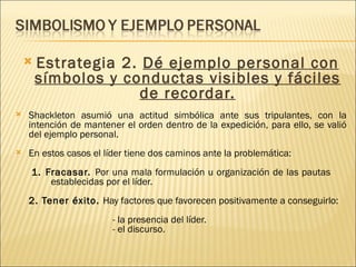    Estrategia 2. Dé ejemplo personal con
        símbolos y conductas visibles y fáciles
                      de recordar.
   Shackleton asumió una actitud simbólica ante sus tripulantes, con la
    intención de mantener el orden dentro de la expedición, para ello, se valió
    del ejemplo personal.
   En estos casos el líder tiene dos caminos ante la problemática:
    1. Fracasar. Por una mala formulación u organización de las pautas
        establecidas por el líder.
 
    2. Tener éxito. Hay factores que favorecen positivamente a conseguirlo:
                        - la presencia del líder.
                        - el discurso.
 