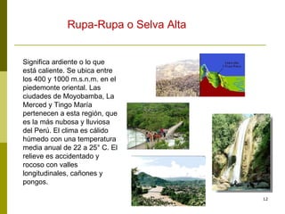 Significa ardiente o lo que está caliente. Se ubica entre los 400 y 1000 m.s.n.m. en el piedemonte oriental. Las ciudades de Moyobamba, La Merced y Tingo María pertenecen a esta región, que es la más nubosa y lluviosa del Perú. El clima es cálido húmedo con una temperatura media anual de 22 a 25° C. El relieve es accidentado y rocoso con valles longitudinales, cañones y pongos.  Rupa-Rupa o Selva Alta  
