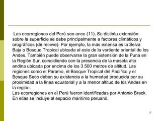 Las ecorregiones del Perú son once (11). Su distinta extensión sobre la superficie se debe principalmente a factores climáticos y orográficos (de relieve). Por ejemplo, la más extensa es la Selva Baja o Bosque Tropical ubicada al este de la vertiente oriental de los Andes. También puede observarse la gran extensión de la Puna en la Región Sur, coincidiendo con la presencia de la meseta alto andina ubicada por encima de los 3 500 metros de altitud. Las regiones como el Páramo, el Bosque Tropical del Pacífico y el Bosque Seco deben su existencia a la humedad producida por su proximidad a la línea ecuatorial y a la menor altitud de los Andes en la región. Las ecorregiones en el Perú fueron identificadas por Antonio Brack. En ellas se incluye al espacio marítimo peruano. 