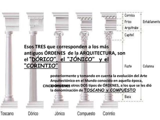 Esos TRES que corresponden a los más
antiguos ÓRDENES de la ARQUITECTURA, son
el “DÓRICO”, el “JÓNICO” y el
“CORINTIO”
           posteriormente y tomando en cuenta la evolución del Arte
           Arquitectónico en el Mundo conocido en aquella época,
       CINCO ÓRDENES otros DOS tipos de ÓRDENES, a los que se les dió
           aparecieron
           la denominación de TOSCANO y COMPUESTO
 