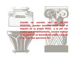 Cuando no cuentan con un SÓLIDO
PEDESTAL, pueden también CAER bajo el
impulso de su propio PESO; y es por ese
motivo que simbólicamente, nuestro trabajo
es el construír un basamiento sólido y acorde
a la Col:. Que queremos Ser.
 