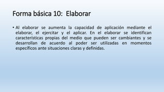 Forma básica 10: Elaborar
• Al elaborar se aumenta la capacidad de aplicación mediante el
elaborar, el ejercitar y el aplicar. En el elaborar se identifican
características propias del medio que pueden ser cambiantes y se
desarrollan de acuerdo al poder ser utilizadas en momentos
específicos ante situaciones claras y definidas.
 
