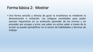 Forma básica 2: Mostrar
• Una forma sencilla y directa de guiar la enseñanza es mediante la
demostración e imitación. Las antiguas sociedades para poder
avanzar requirieron en su evolución aprender de los errores y no
proceder por ensayo y error, ese saber en activo saber a través de la
acción se puede ejemplificar en el sector de habilidades y técnicas de
trabajo.
 