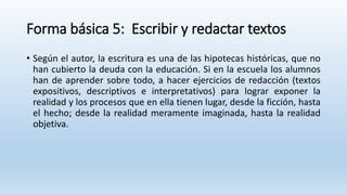 Forma básica 5: Escribir y redactar textos
• Según el autor, la escritura es una de las hipotecas históricas, que no
han cubierto la deuda con la educación. Si en la escuela los alumnos
han de aprender sobre todo, a hacer ejercicios de redacción (textos
expositivos, descriptivos e interpretativos) para lograr exponer la
realidad y los procesos que en ella tienen lugar, desde la ficción, hasta
el hecho; desde la realidad meramente imaginada, hasta la realidad
objetiva.
 